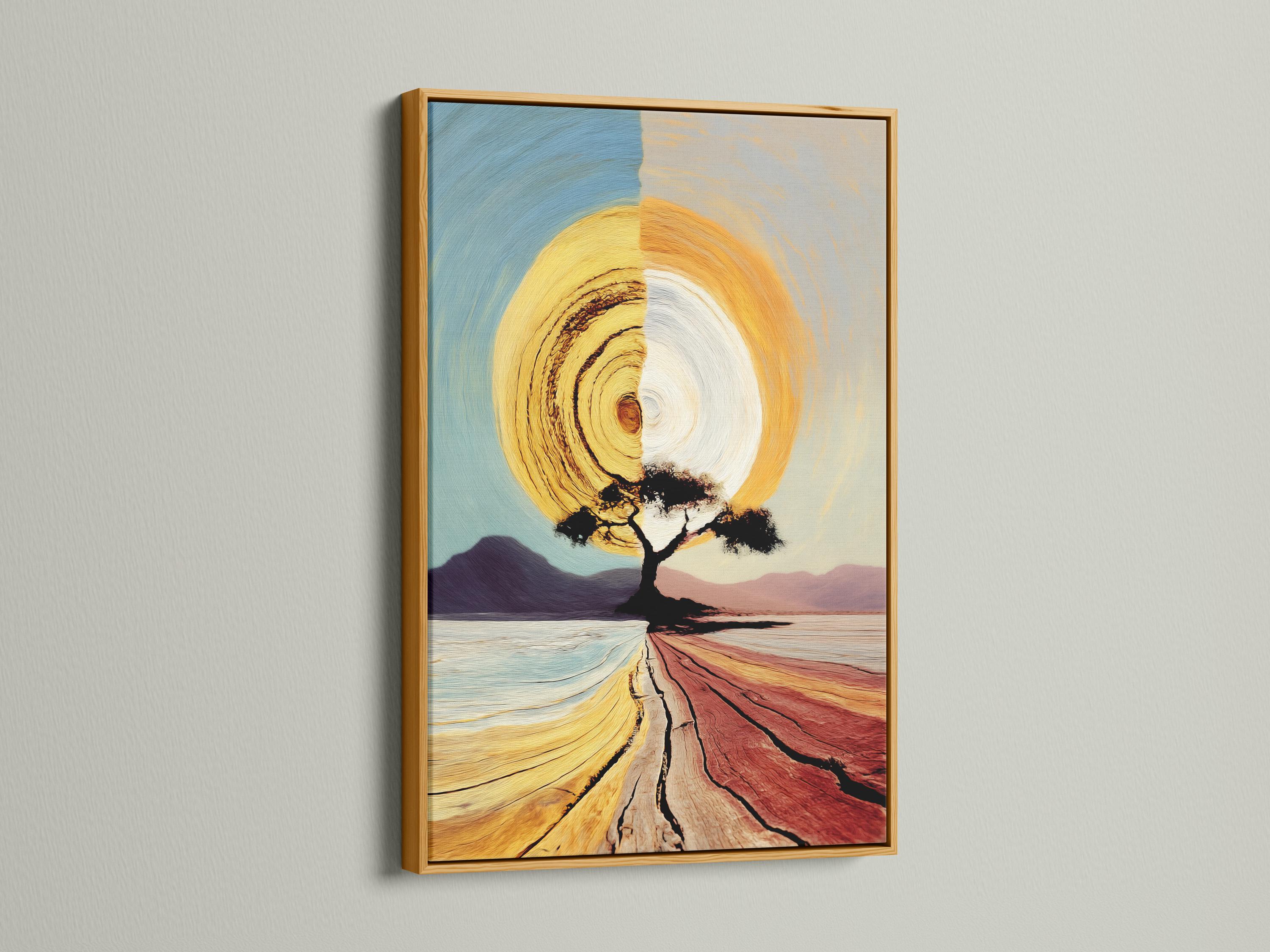 Abstract landscape with a golden sun, dark tree silhouette and curved red path bands detail view