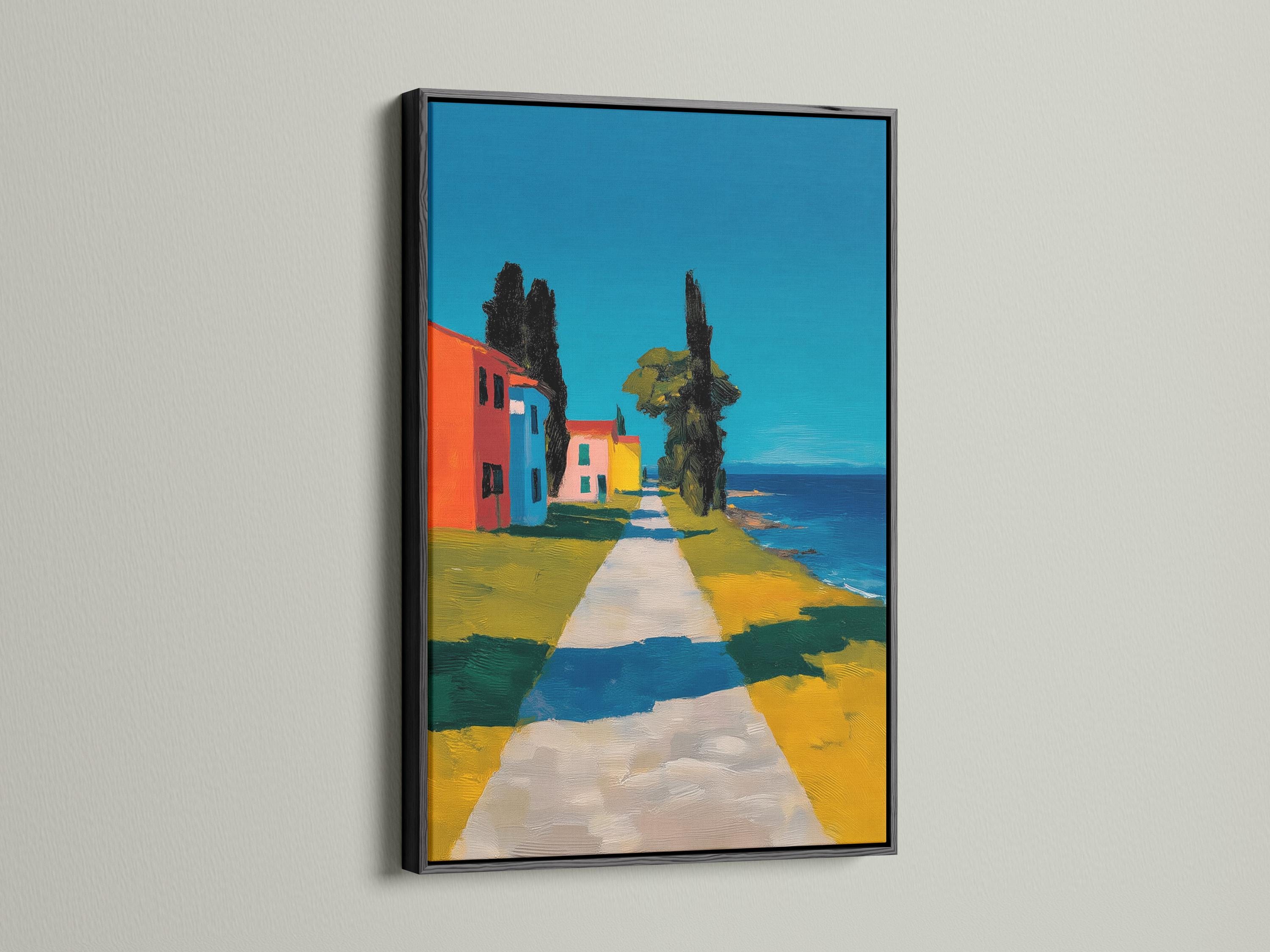 Blue coastal village painting showing colourful houses, a tower and a path leading to the sea detail view