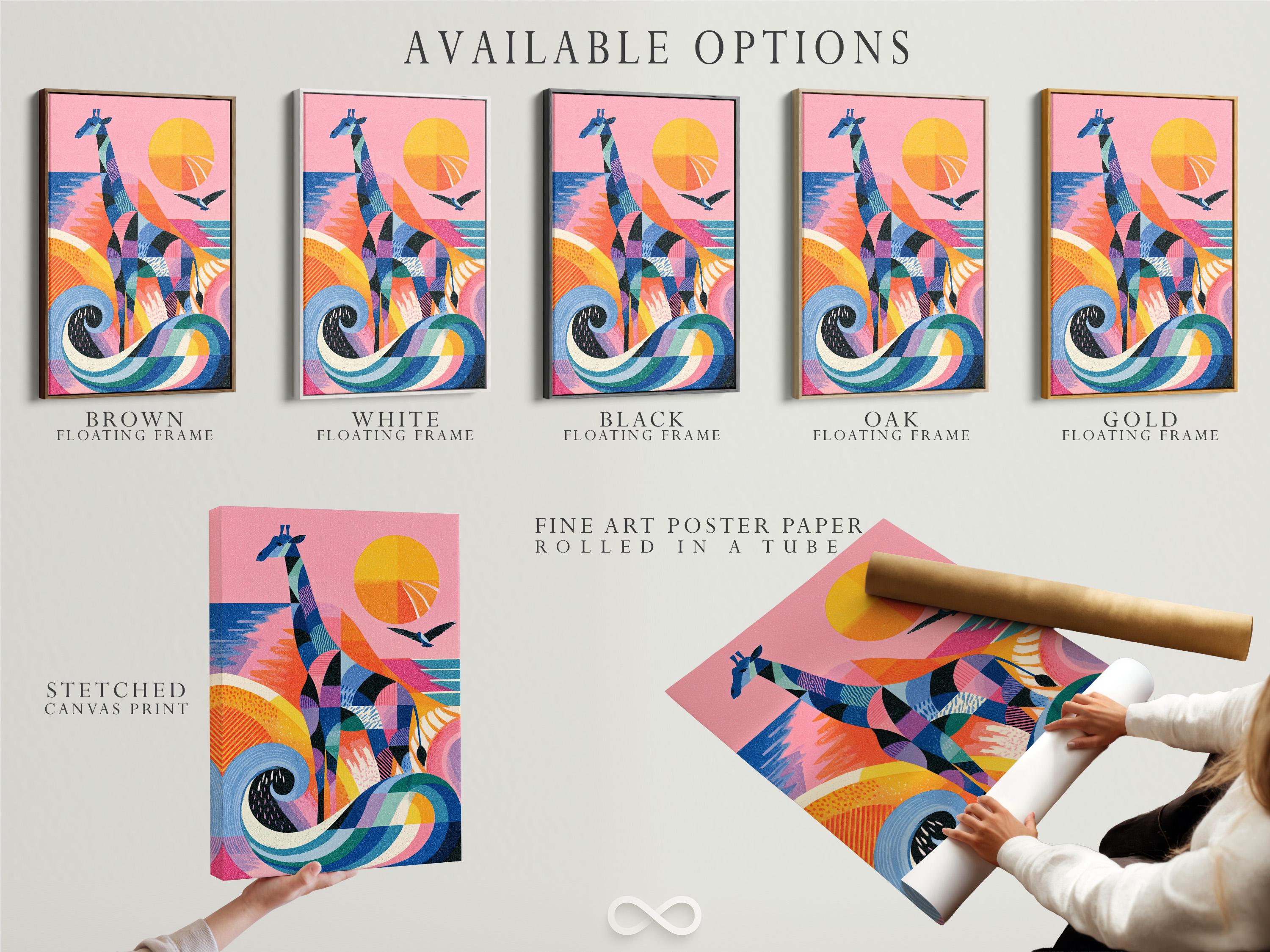 Colourful geometric giraffe artwork with birds in flight and a sun-like circle on a pink background detail view