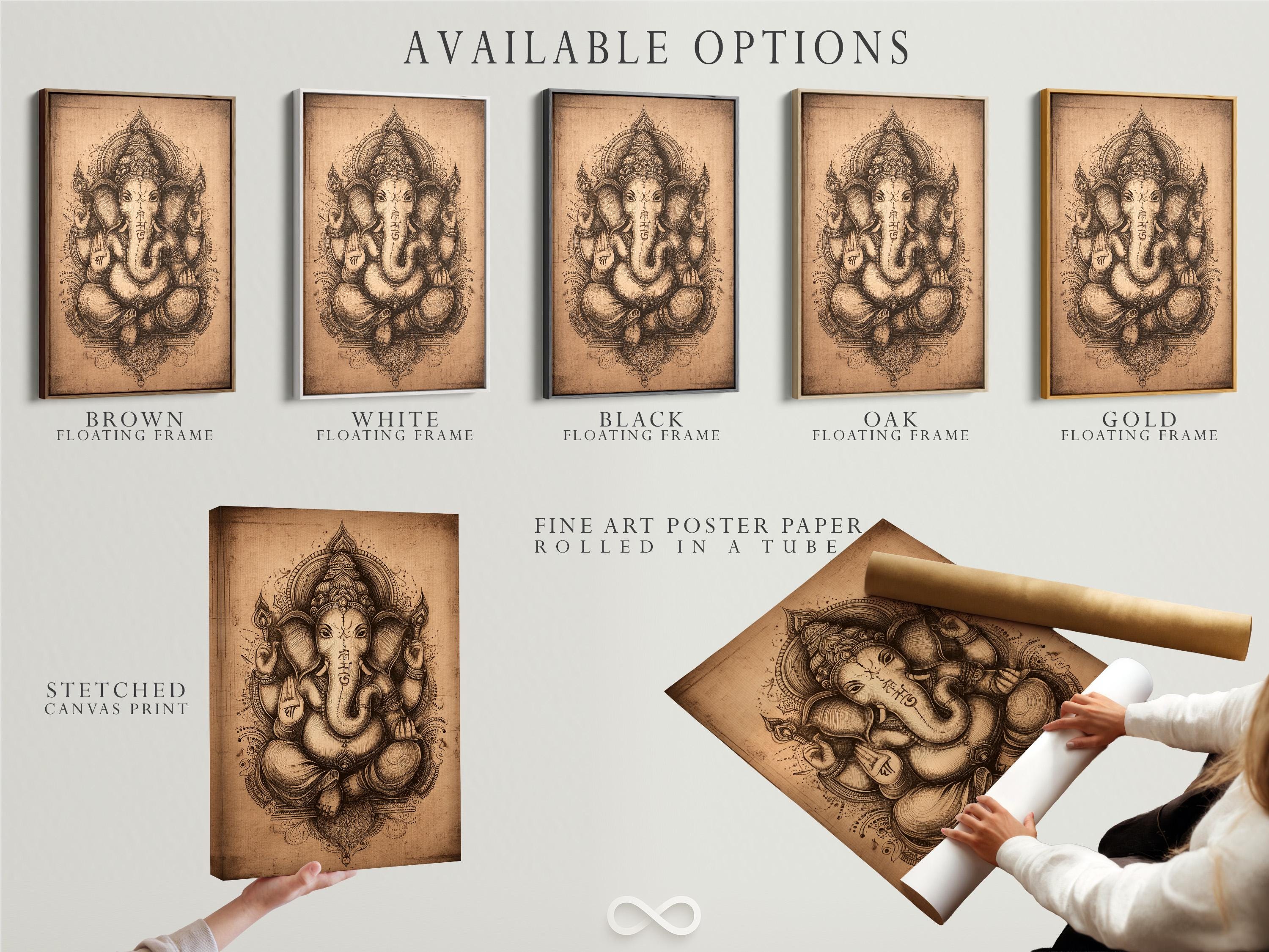 Vintage elephant-headed deity illustration with ornate halo on a beige background detail view