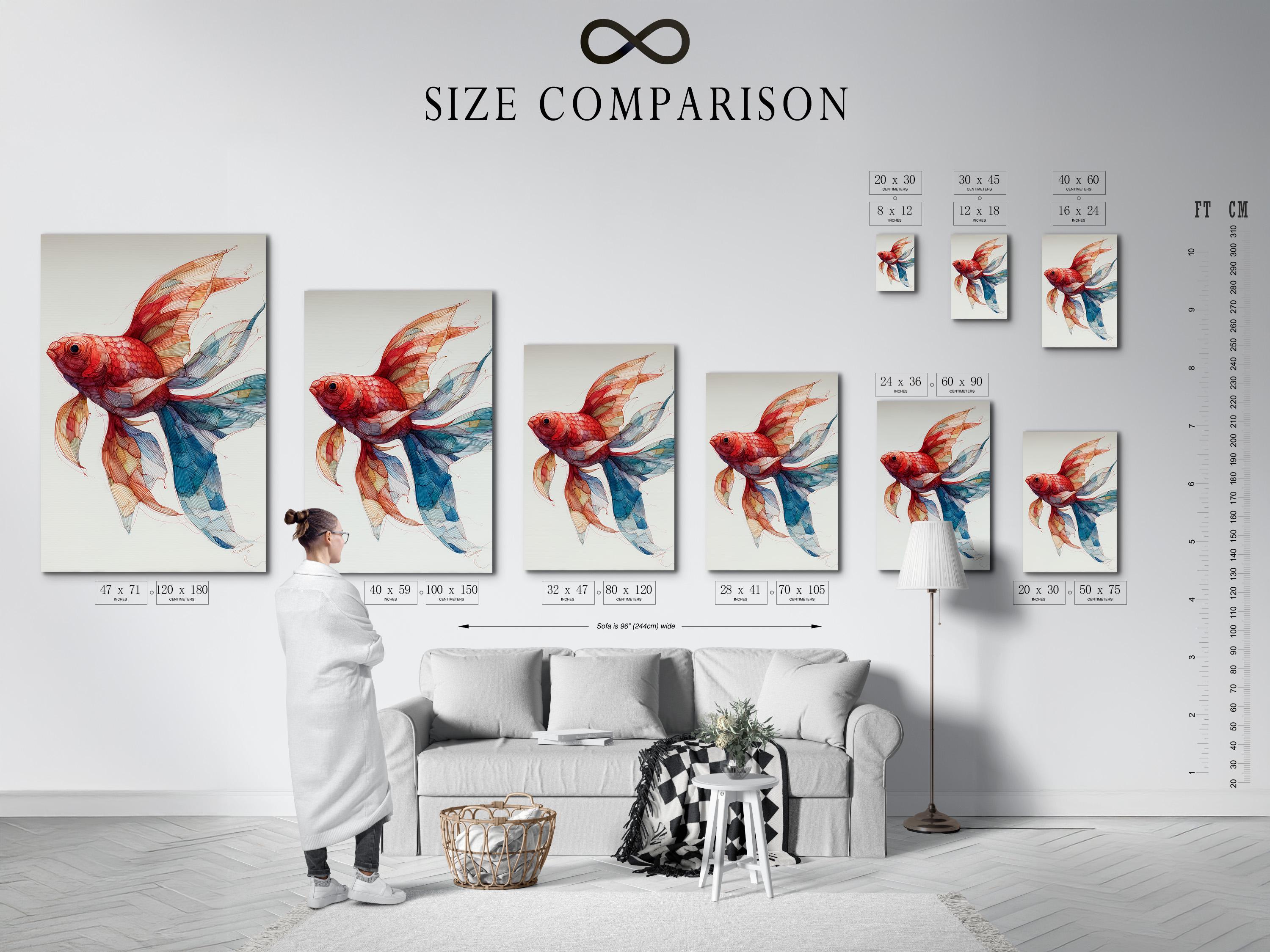 Room mockup showing a framed red goldfish illustration with teal and blue fins