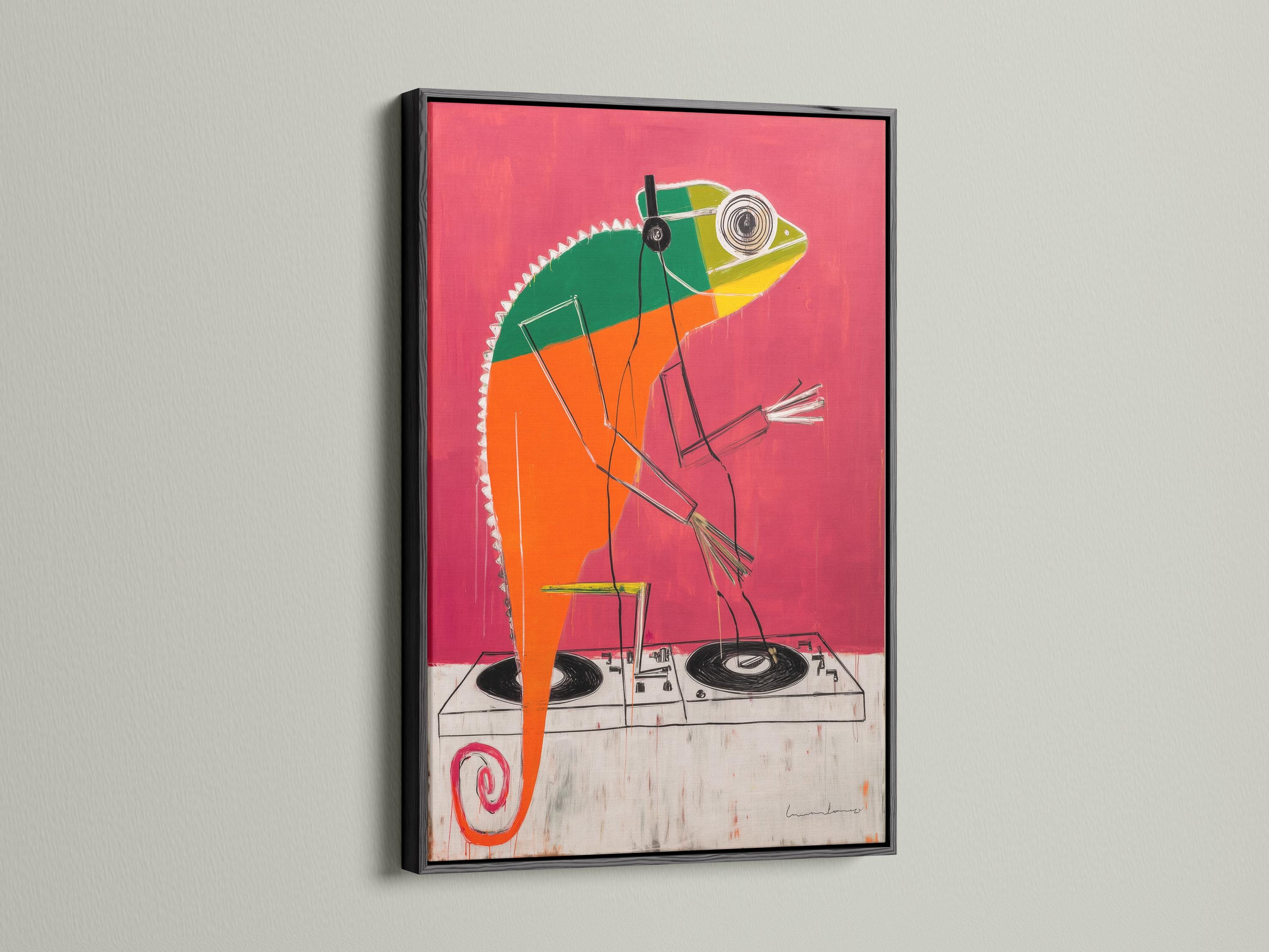 Coral pink pop-art animal wearing headphones over a DJ mixing deck with turntables detail view