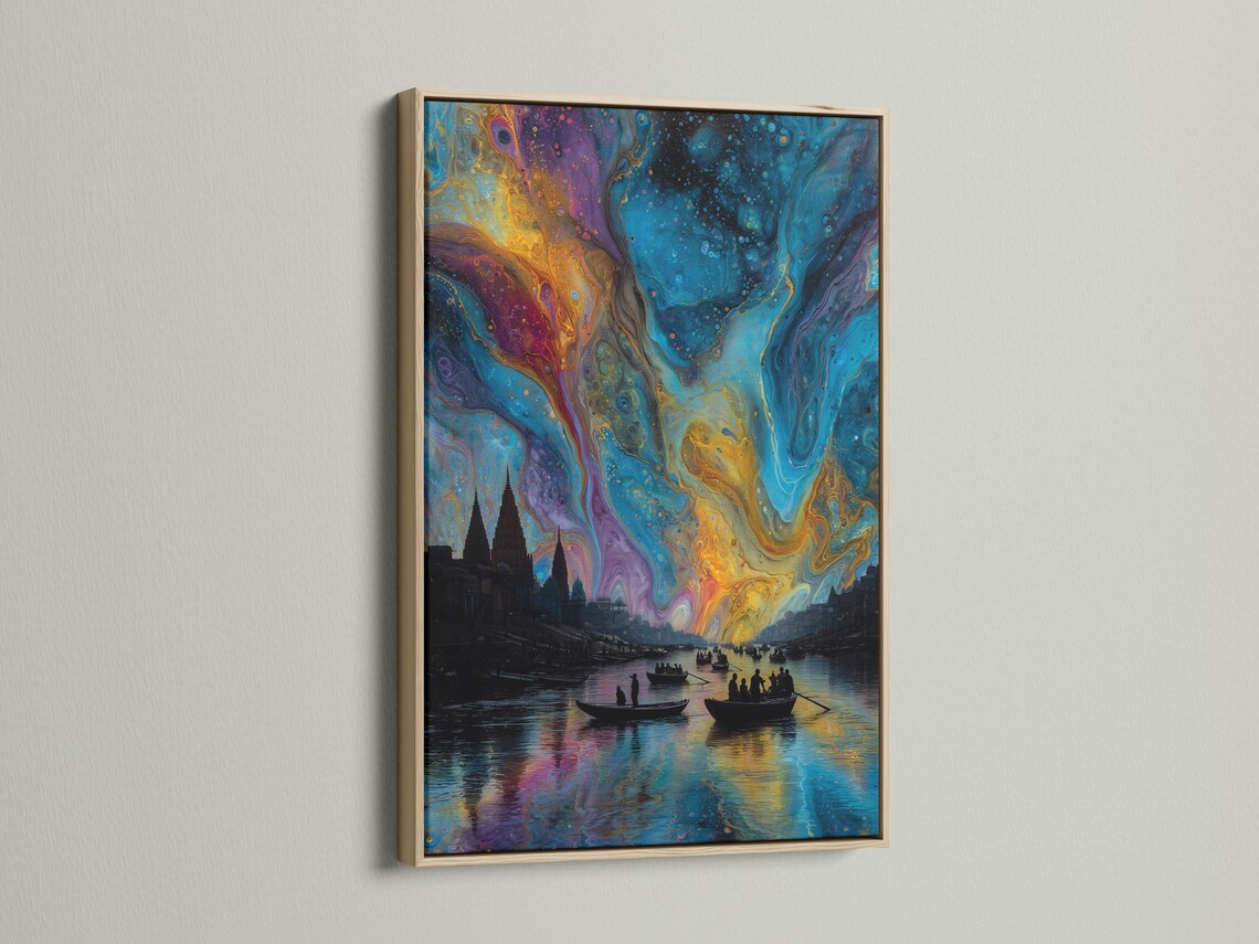 Abstract aurora-style cityscape with blue and gold swirls over a dark river and silhouetted boats detail view