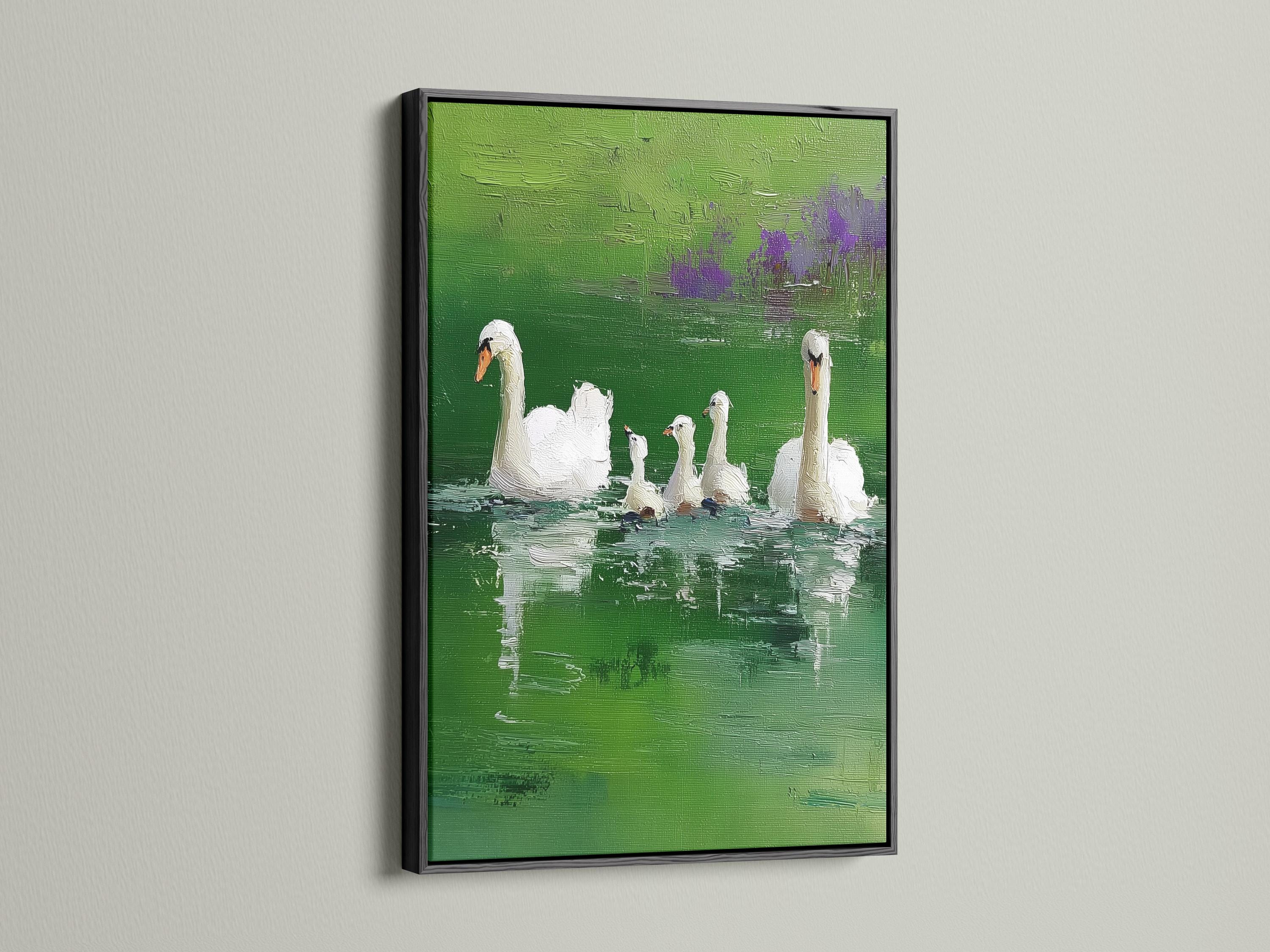 Room mockup with a framed green lake swan painting on a wall