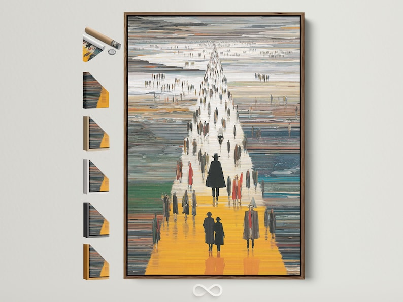 Stylised city street scene with bright yellow walkway and dark silhouette pedestrians