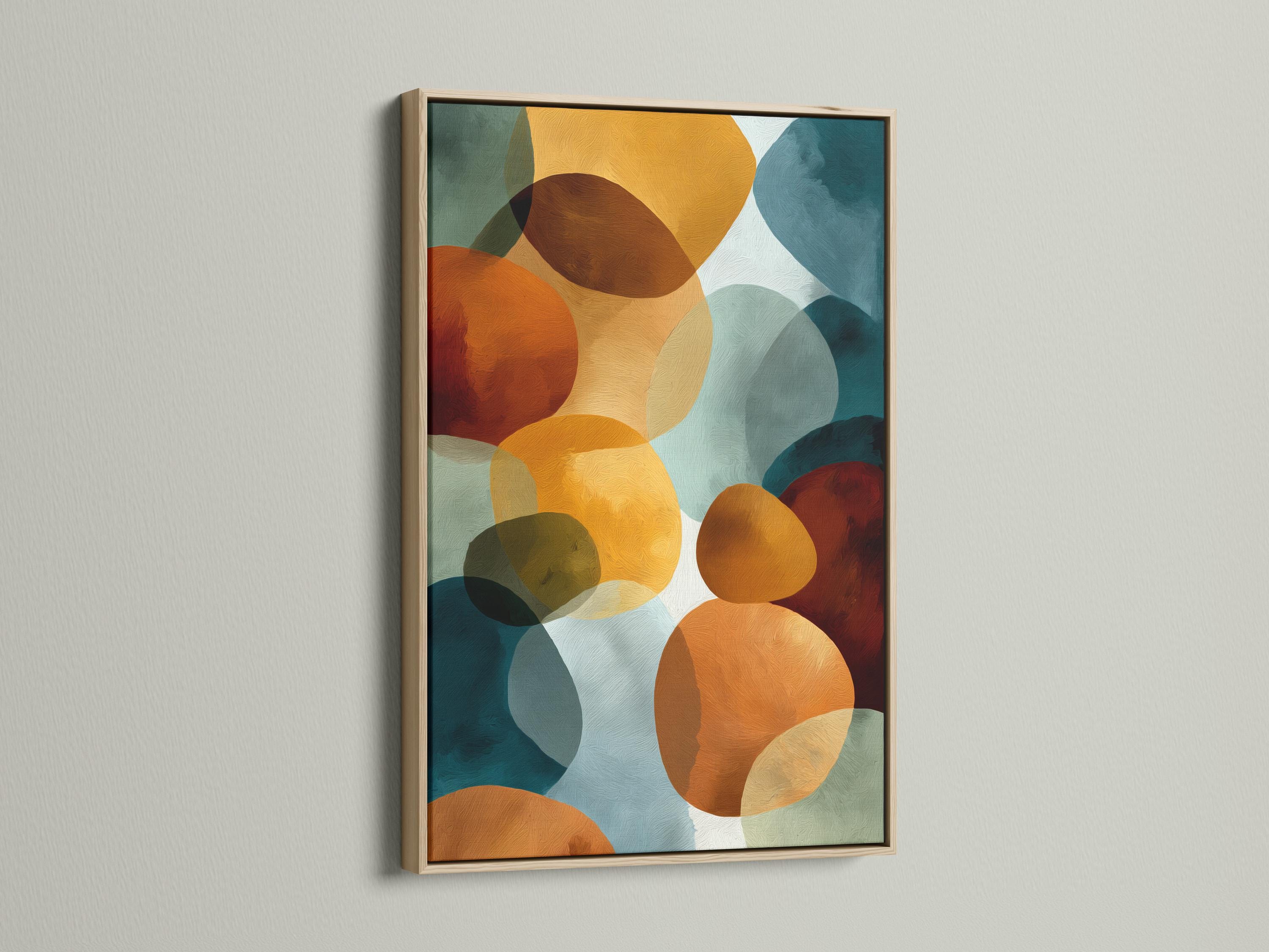 Abstract geometric wall art with overlapping rounded shapes in teal, burnt orange, cream and deep red detail view