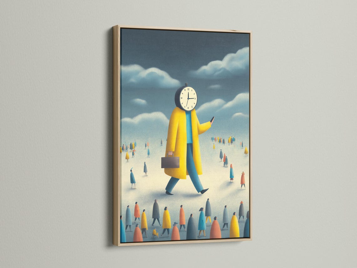 Mockup showing a framed clock-headed figure artwork in yellow and blue on a wall with supporting thumbnail views