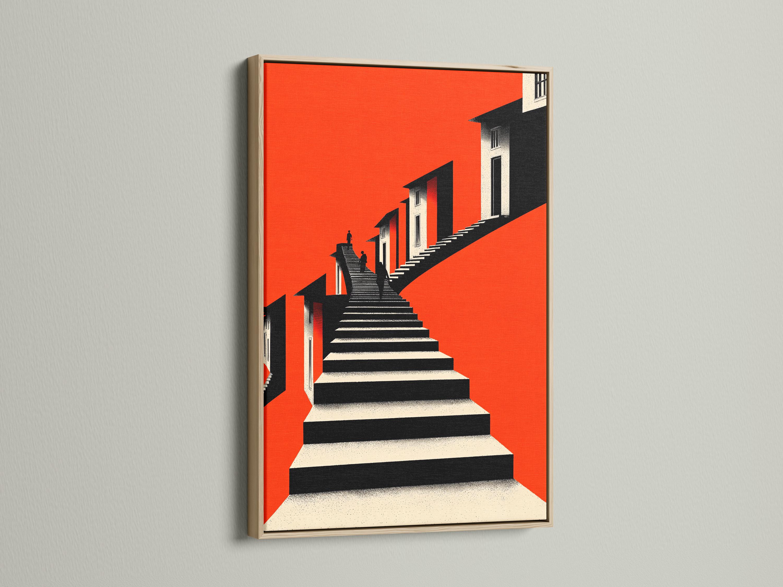 Room mockup showing a red and black geometric staircase artwork with inset views