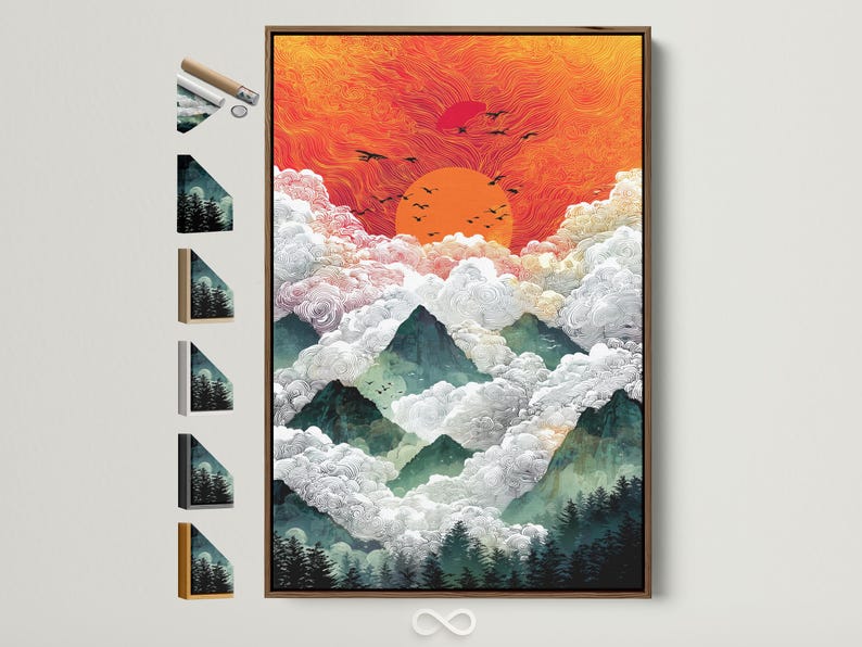 Sunrise mountain landscape artwork with orange sun, swirling clouds and black bird silhouettes