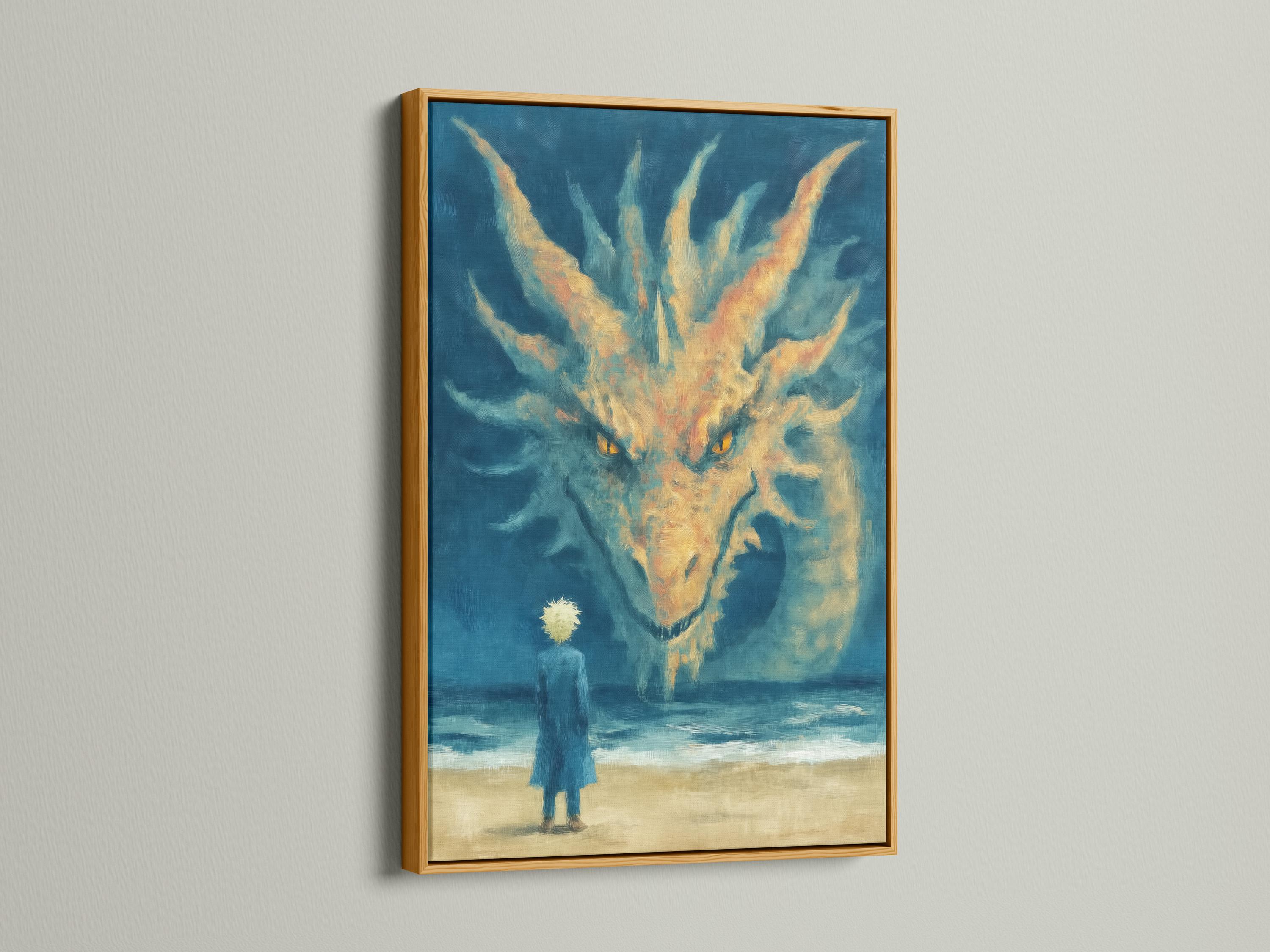 Blue dragon-like creature with glowing yellow eyes over a sandy beach ocean scene detail view