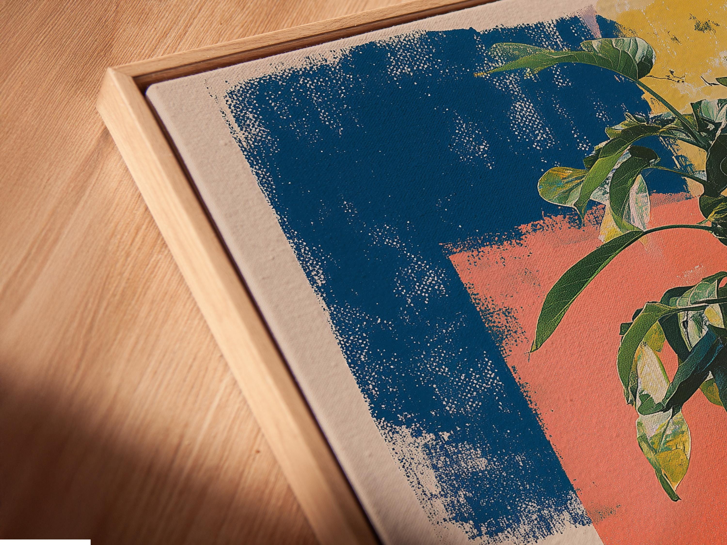 Stylised potted plant with dark green leaves over teal, coral and yellow pop-art blocks detail view