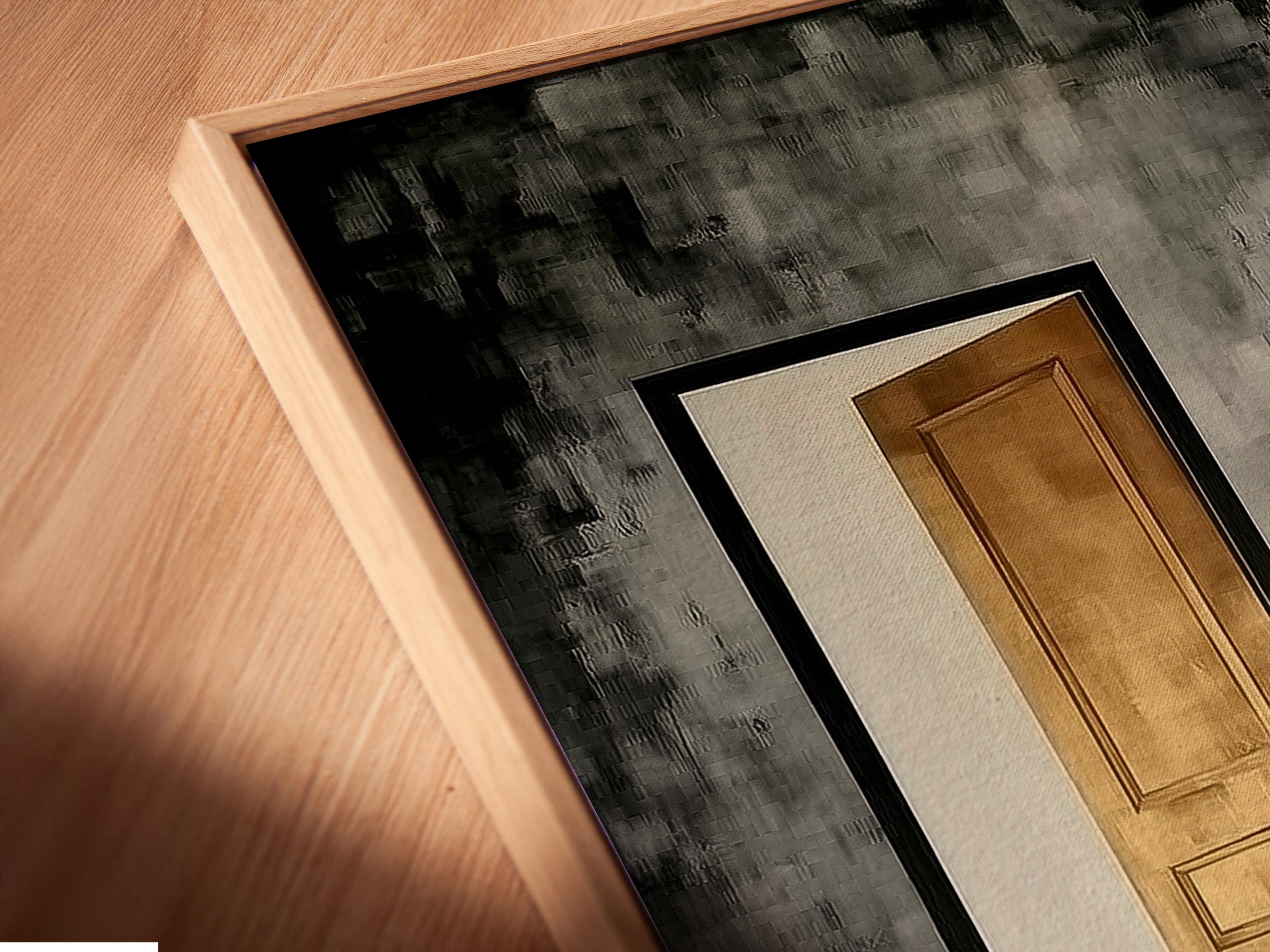 Abstract doorway with warm gold glow in a textured charcoal and grey corridor scene detail view