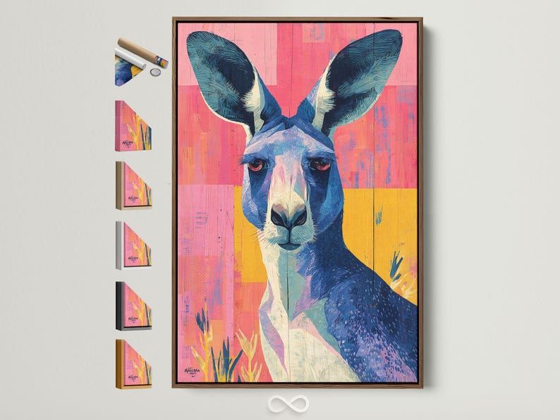Stylised kangaroo portrait in deep blue and cream on a hot pink and yellow colour-block background