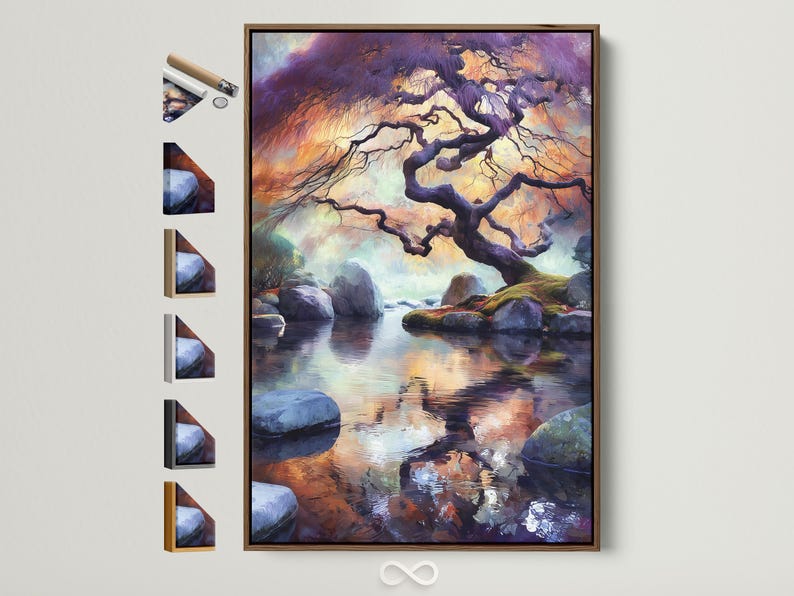 Twisting tree silhouette over rocks and still water with purple orange sunset reflections