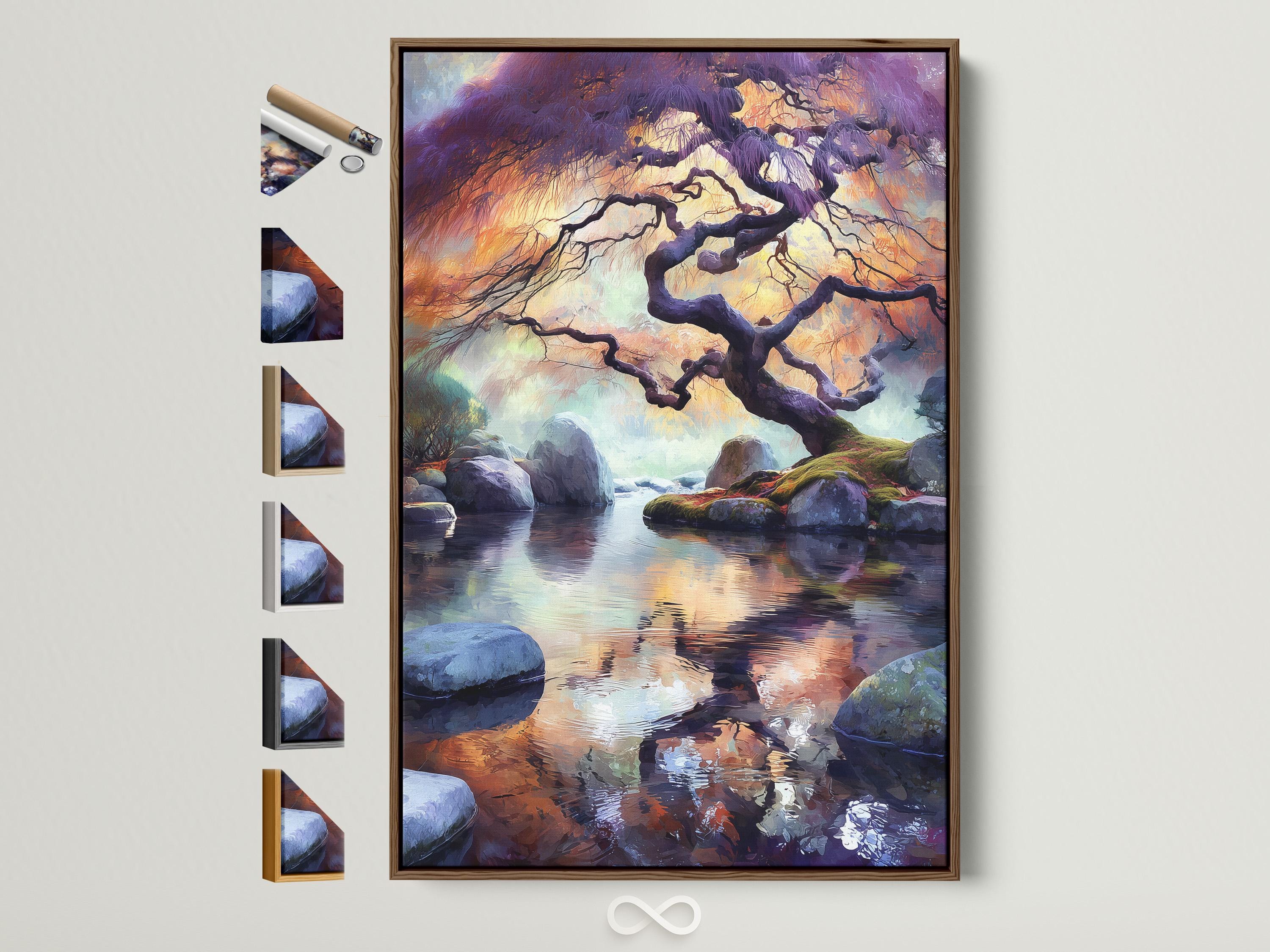 Twisting tree silhouette over rocks and still water with purple orange sunset reflections