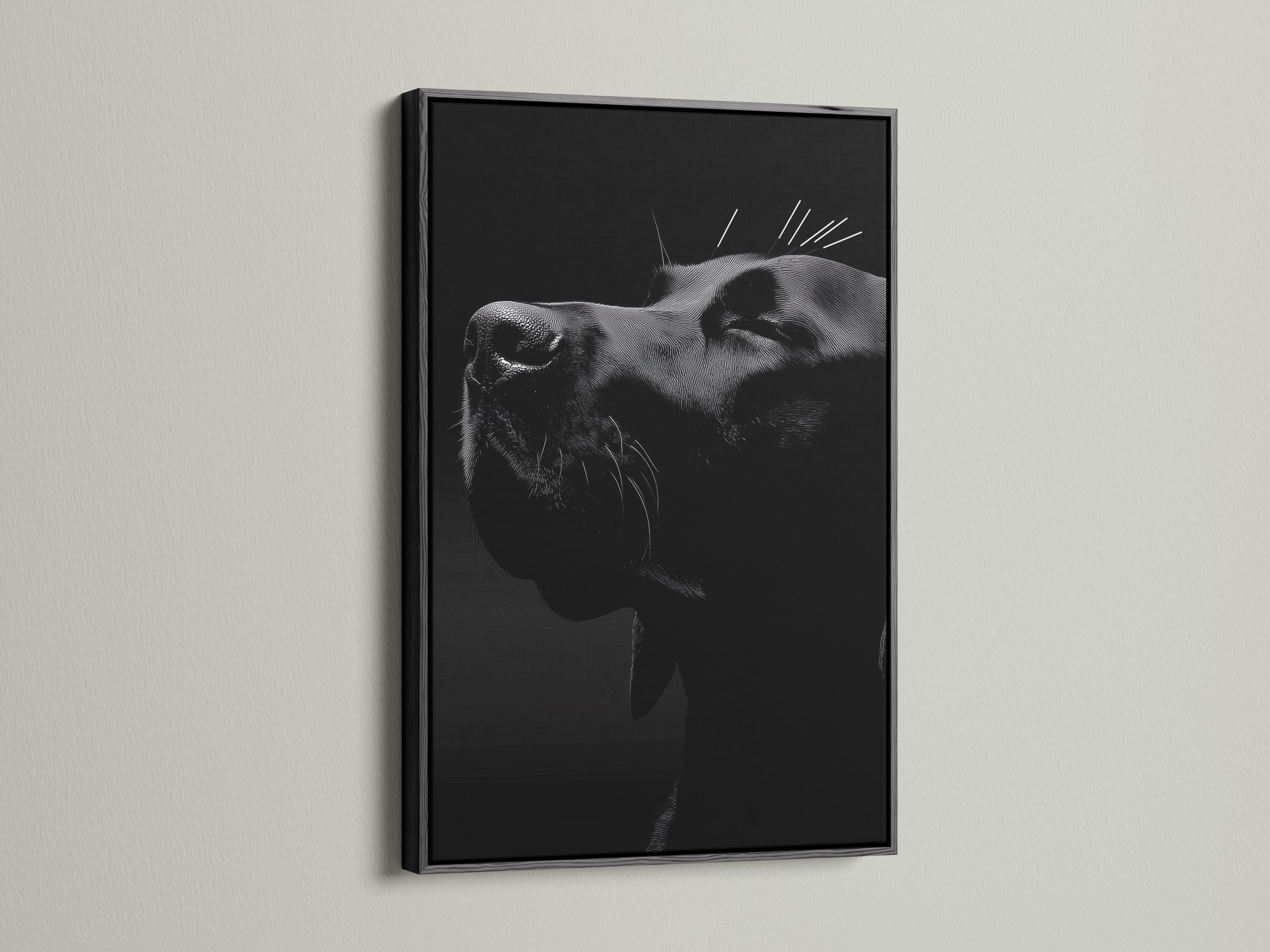Monochrome dog portrait with crosshatched shading on a dark background detail view