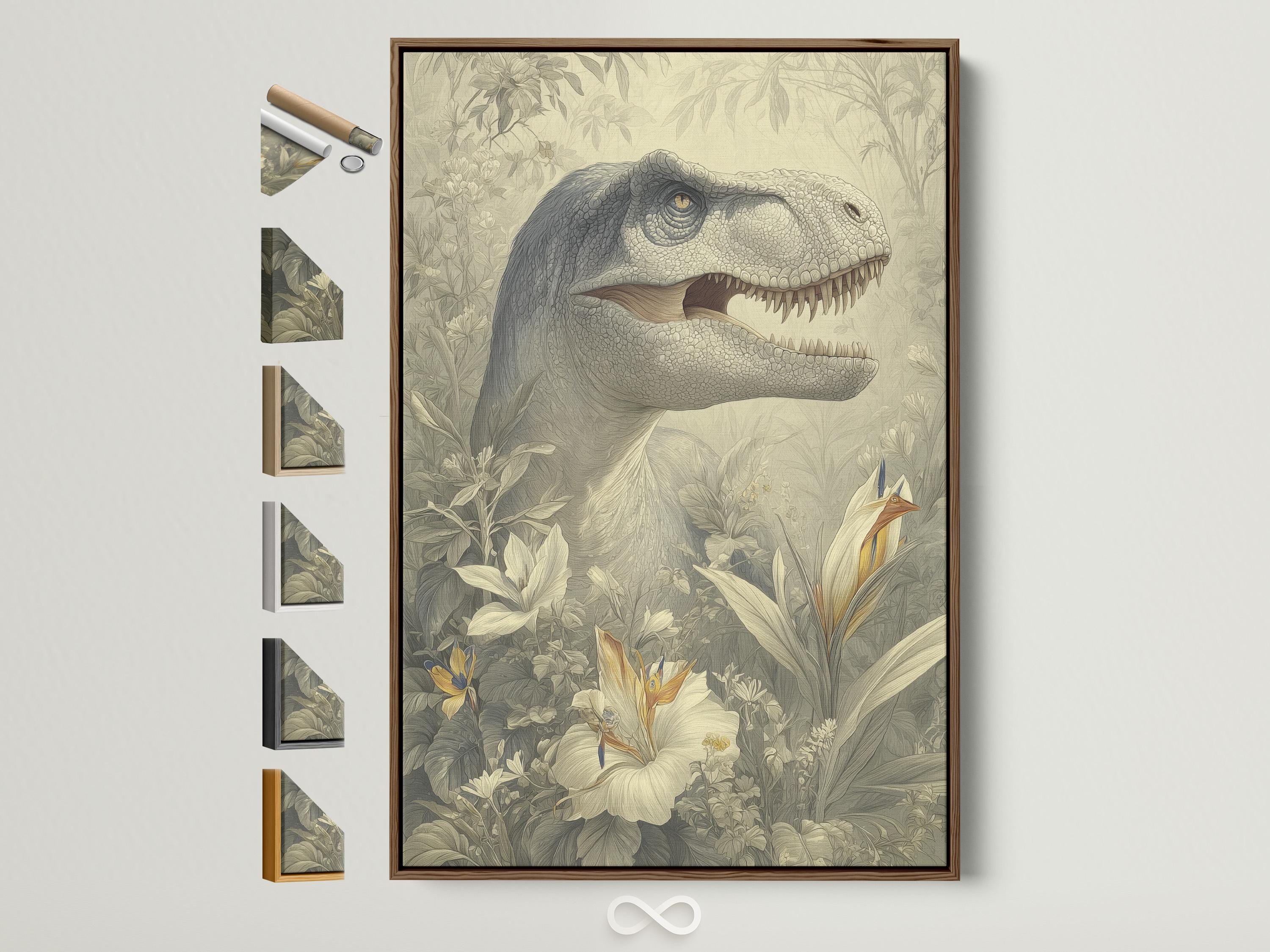 Woman standing in a room next to a framed dinosaur and botanical illustration on the wall