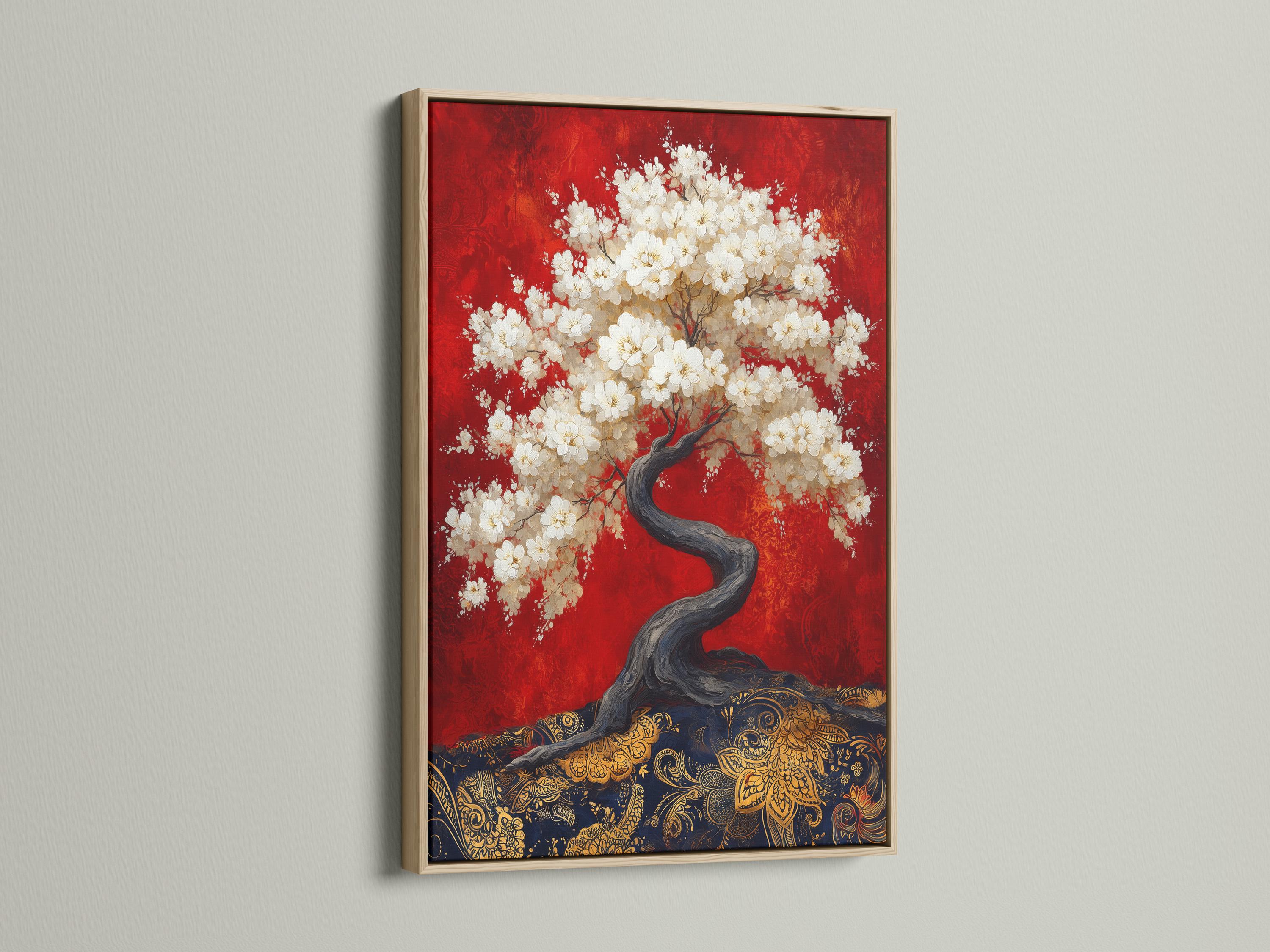 Spa reception scene with a woman seated at a reception desk and a cherry blossom tree artwork on the wall