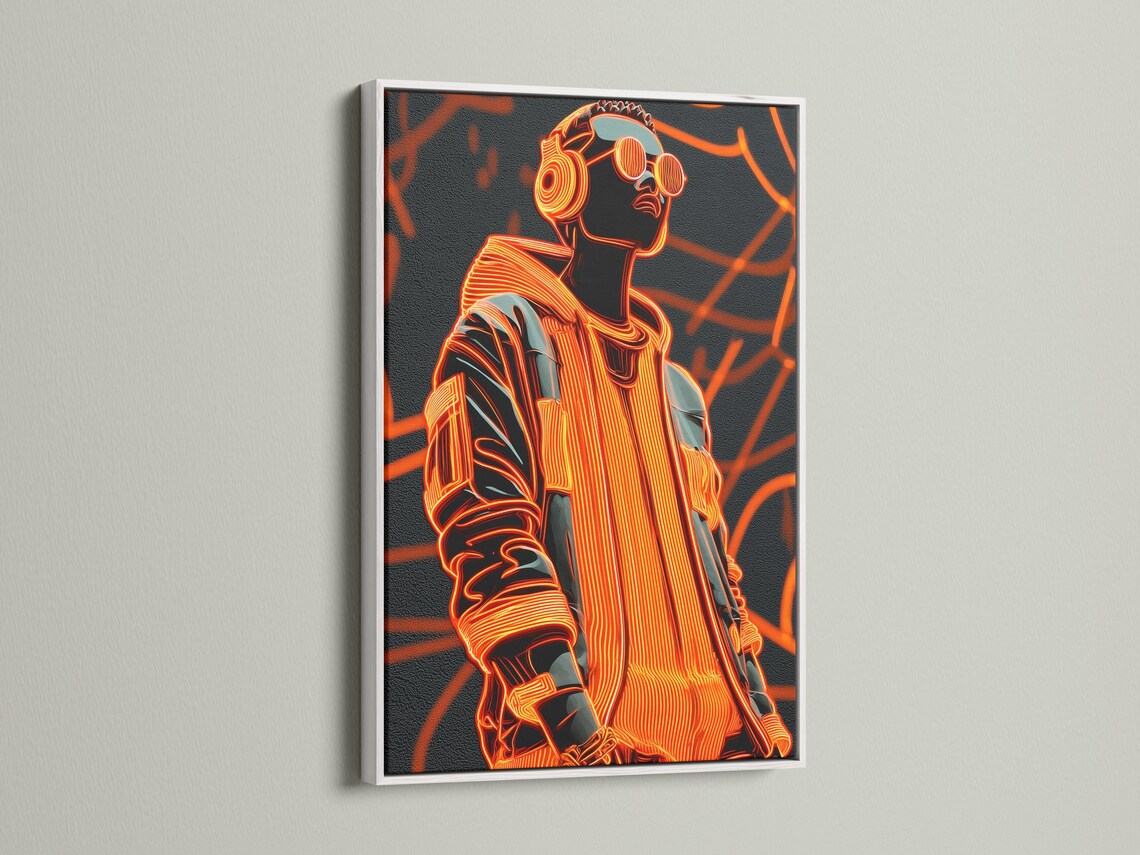 Portrait artwork mockup on a wall with dark grey and neon orange colours