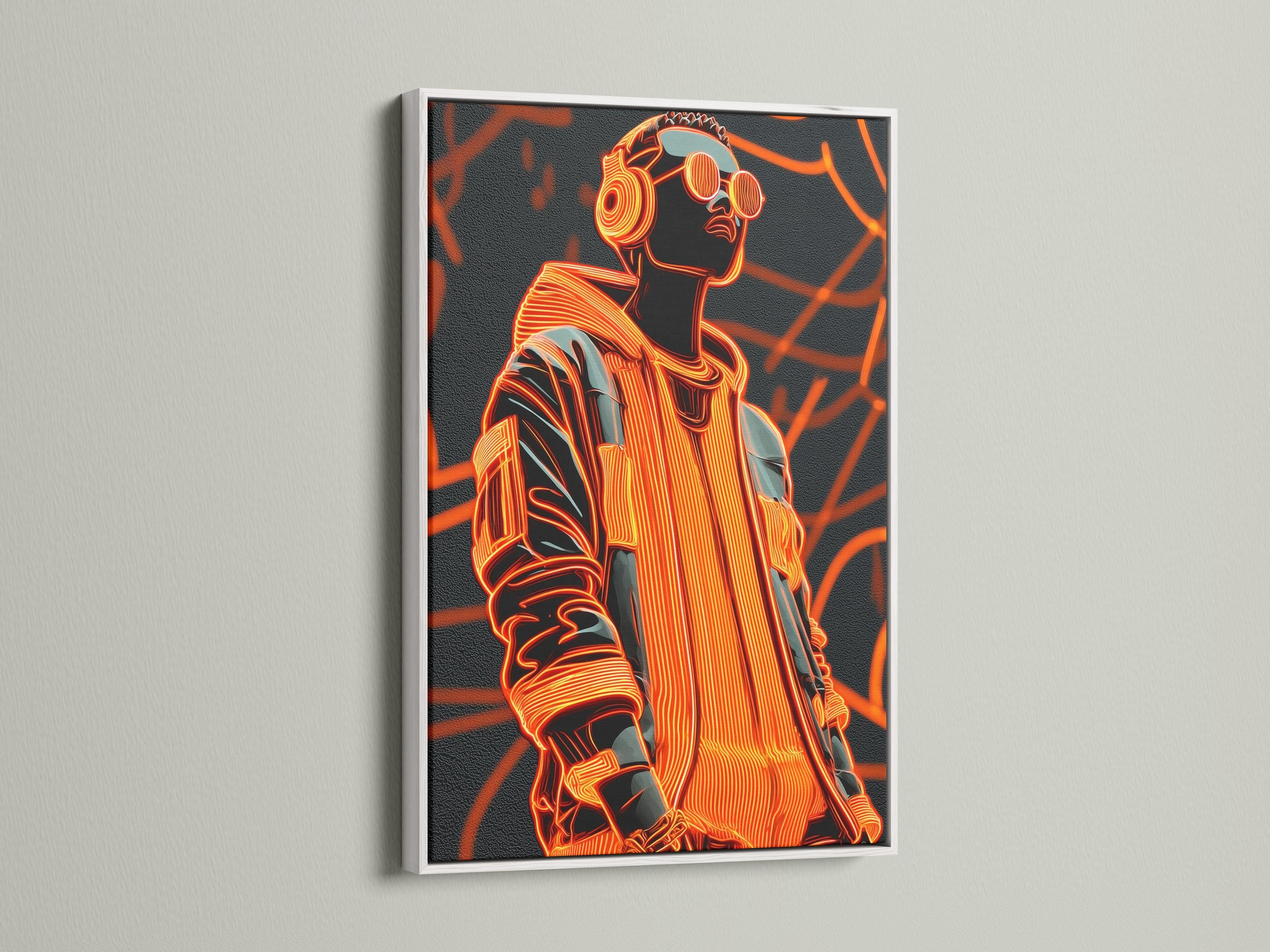Portrait artwork mockup on a wall with dark grey and neon orange colours