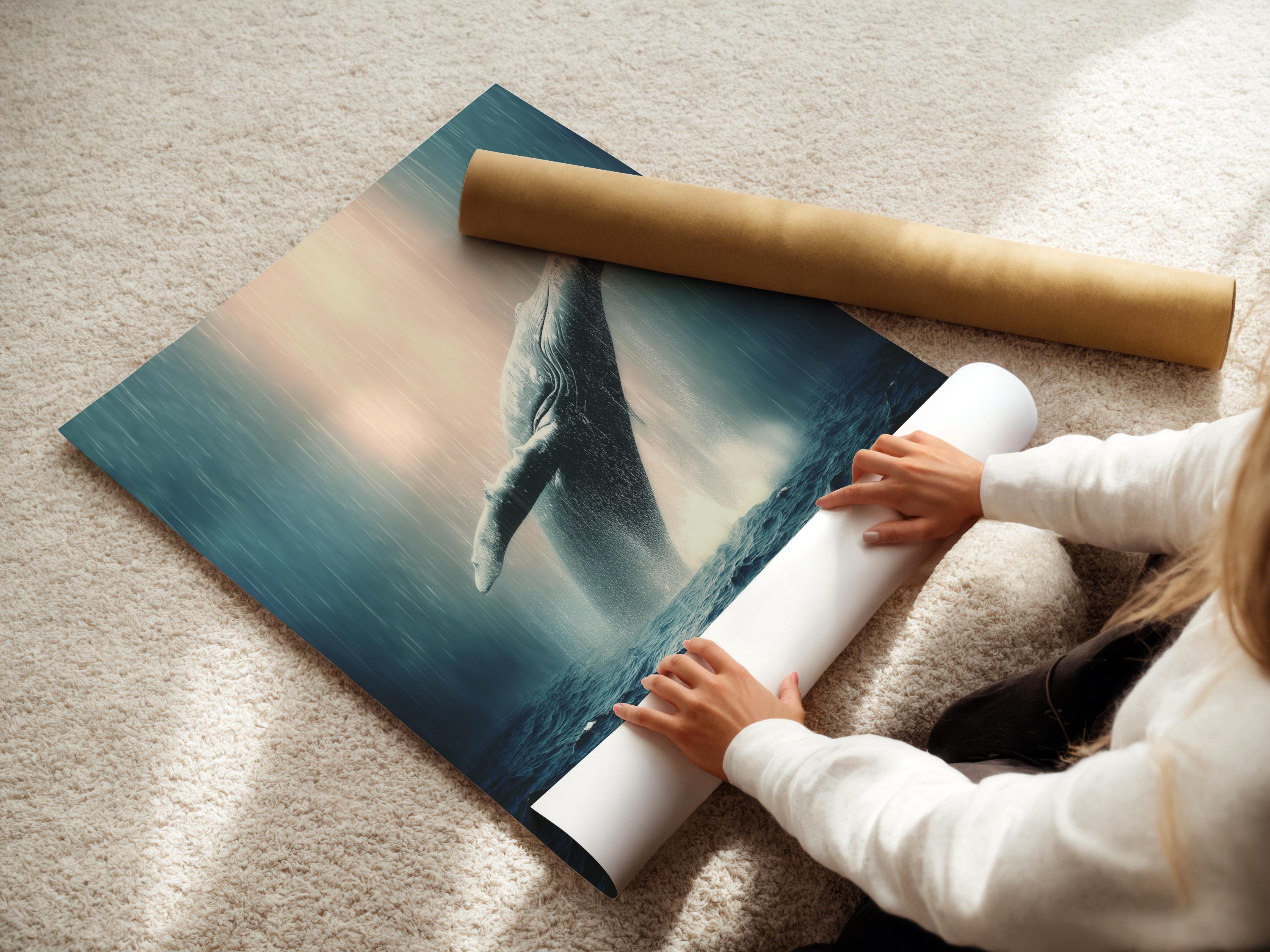 A breaching whale over choppy blue ocean waves with foamy spray and a misty pale sky detail view