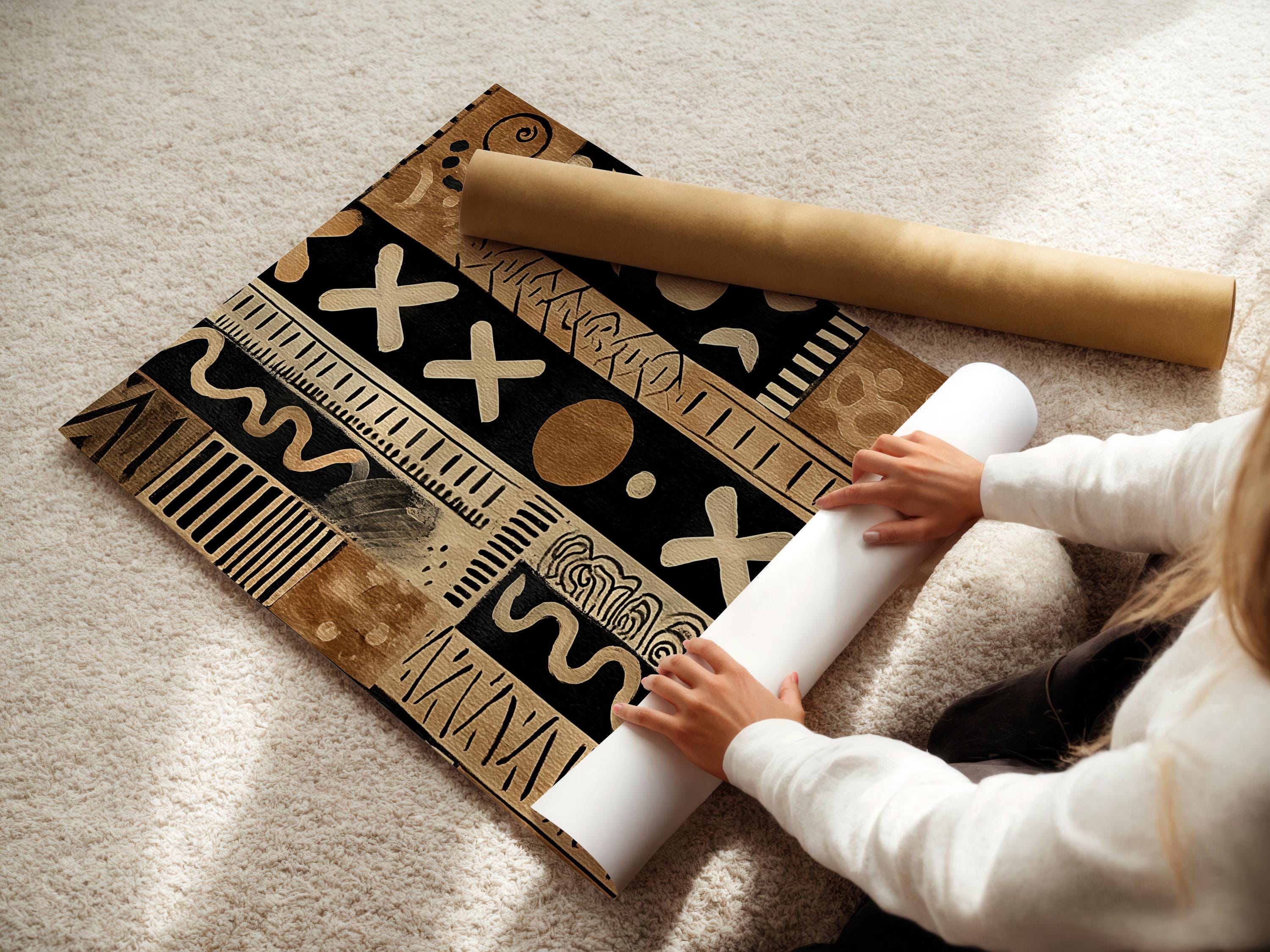 Living room mockup with a framed beige and black tribal abstract pattern above a sofa