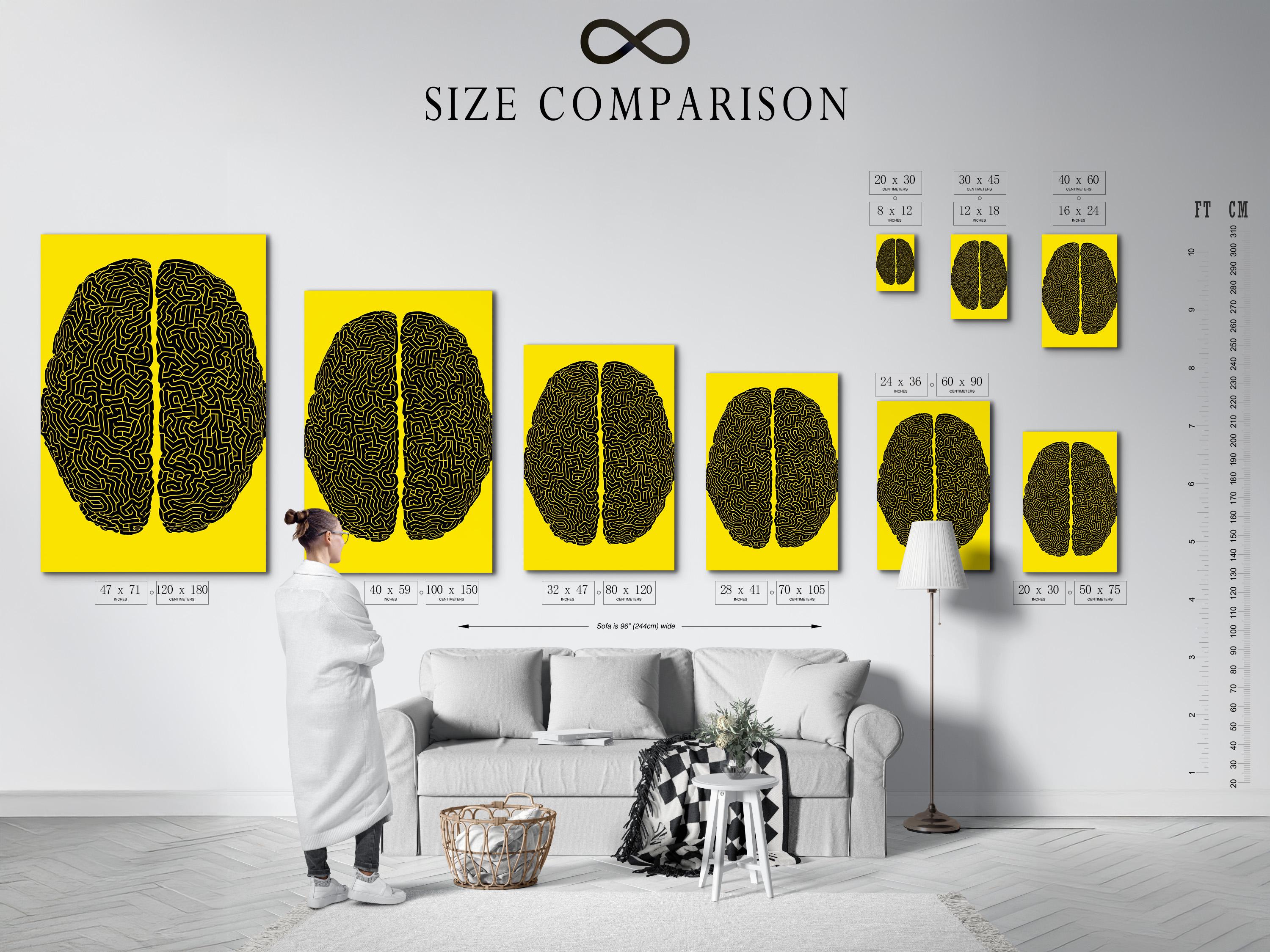 Two black brain silhouettes filled with maze-like lines on a yellow background detail view