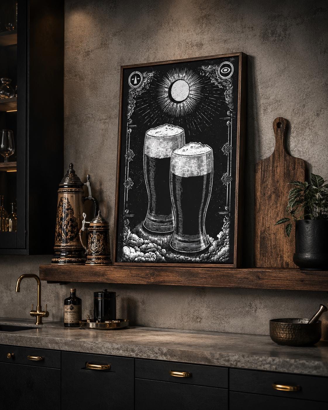 Person holding a framed black-and-white beer mug illustration in a workshop-style bar setting