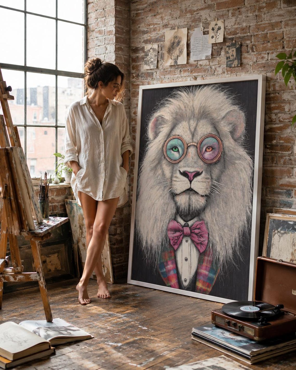 Stylised lion portrait with round glasses and a pink bow tie detail view