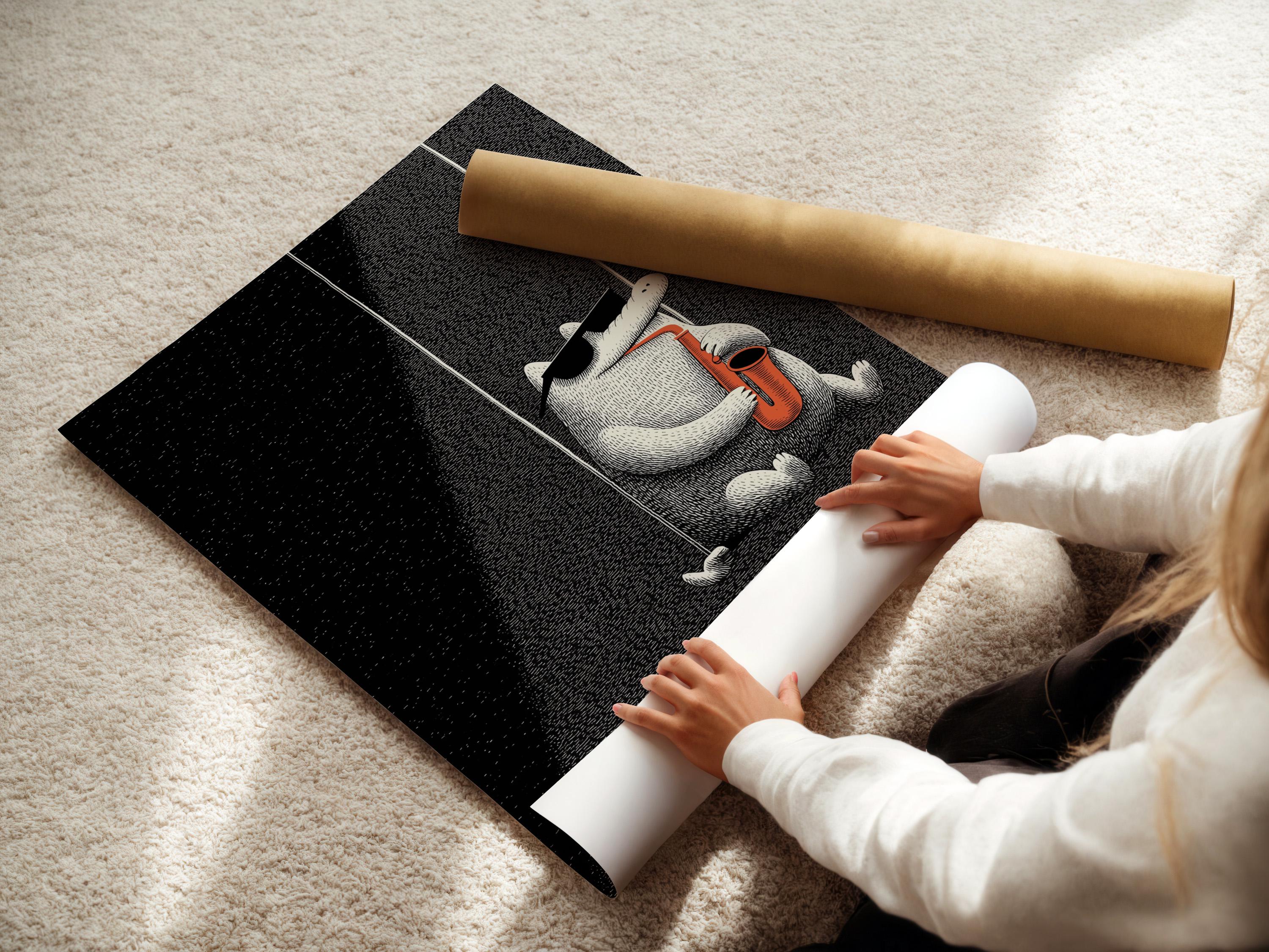 Black and white illustration of a cat holding and playing a saxophone with orange accents detail view
