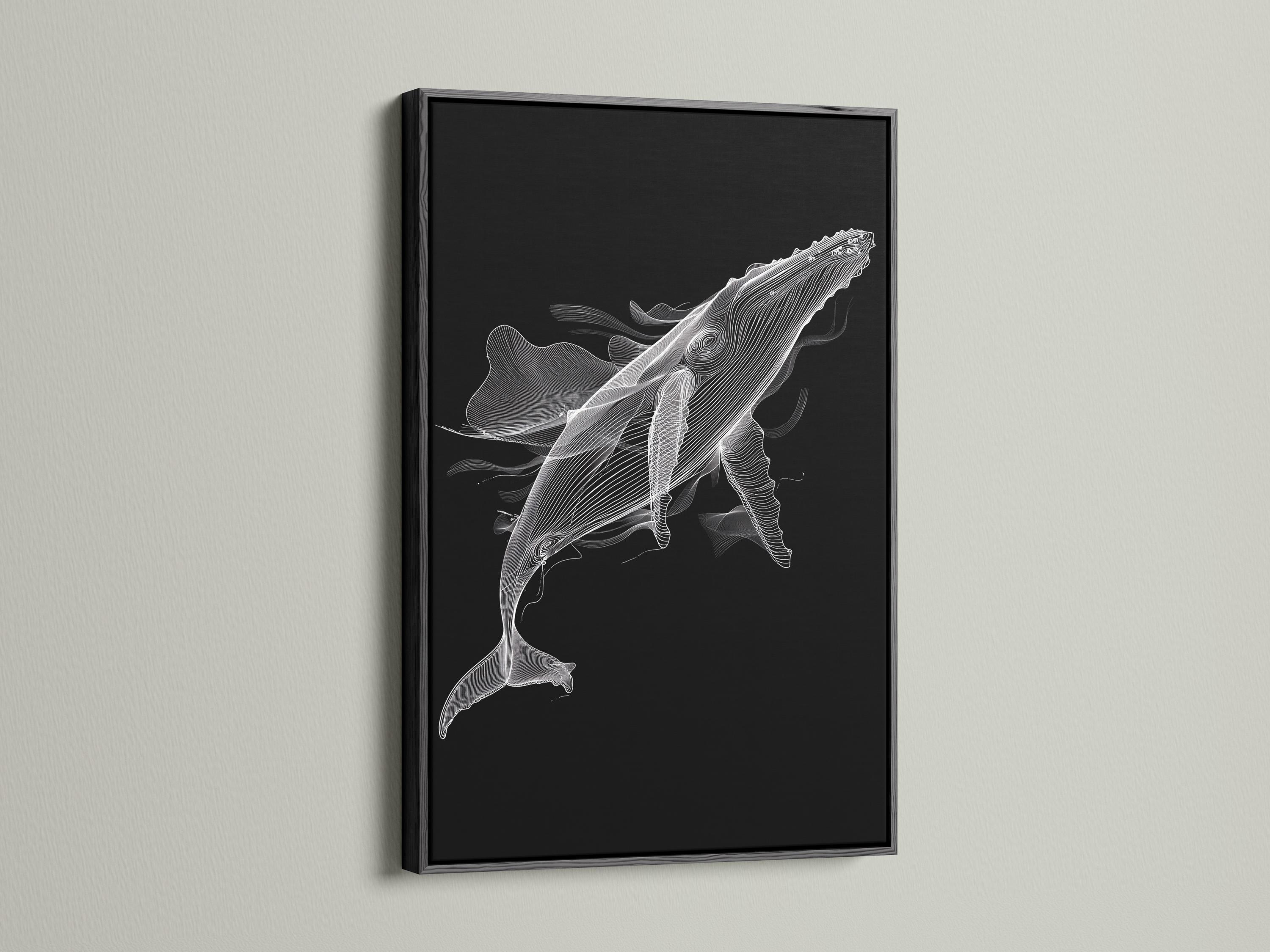 White line-art whale illustration on a dark black background detail view