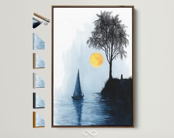 Coastal Seascape Canvas Art Print - Minimalist Sailboat Artwork, Blue Ocean View, Nautical Wall Art for Living Room, Lake House Decor Gift
