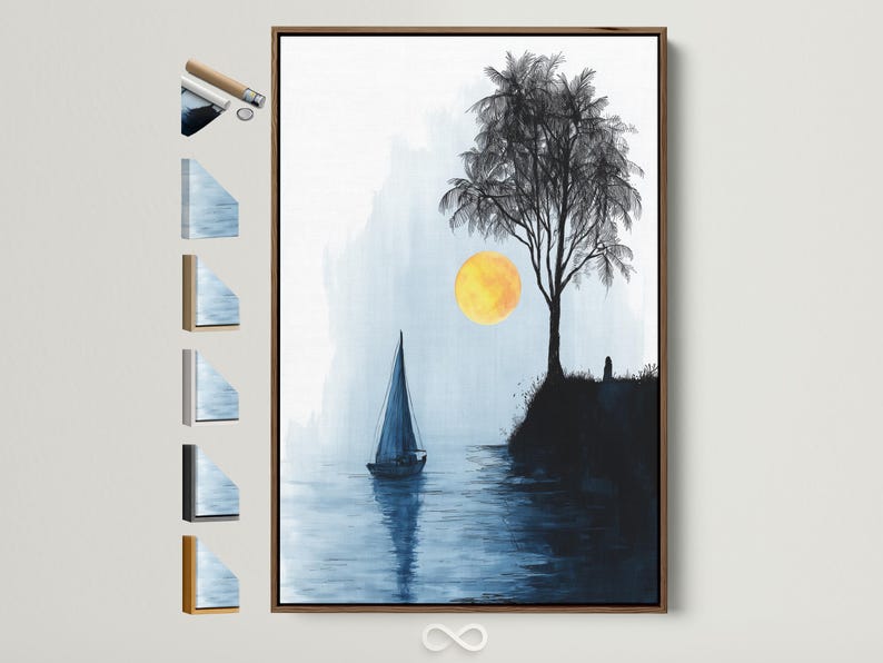 Minimalist seascape with a sailboat on blue water, a palm tree silhouette and a glowing yellow sun