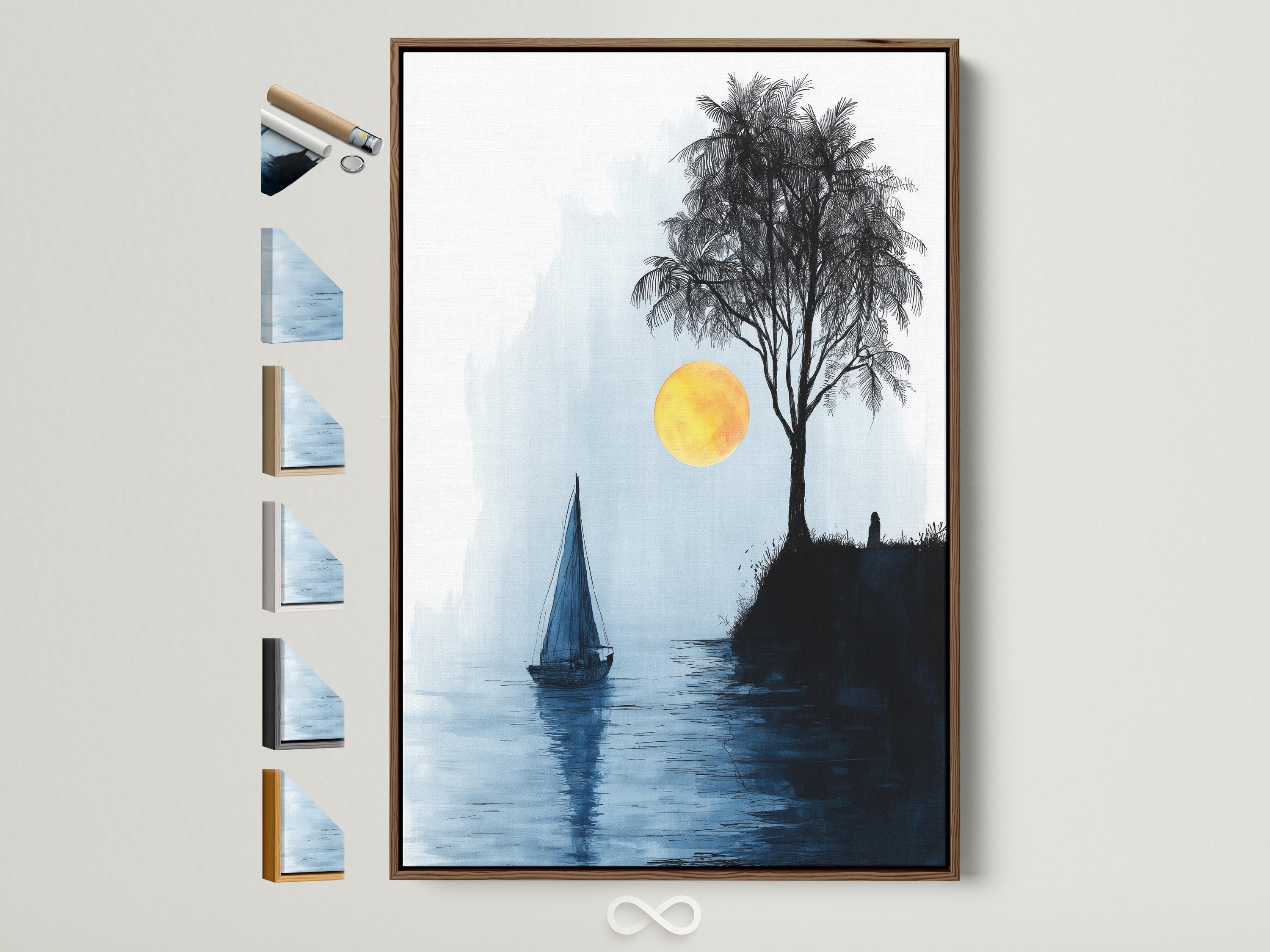 Minimalist seascape with a sailboat on blue water, a palm tree silhouette and a glowing yellow sun