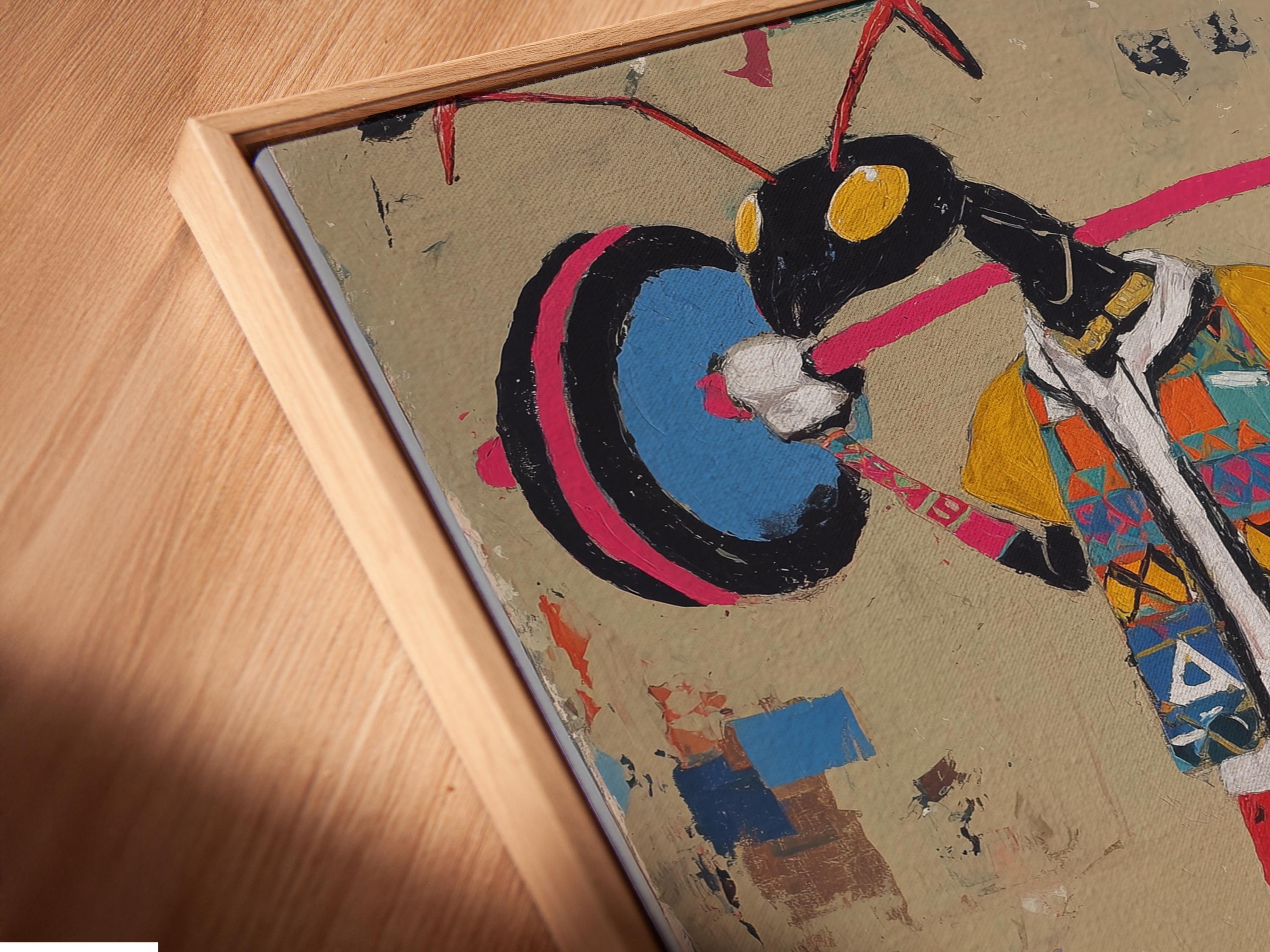 Stylised weightlifter lifting a barbell with large weight plates on a beige paint-splattered background detail view