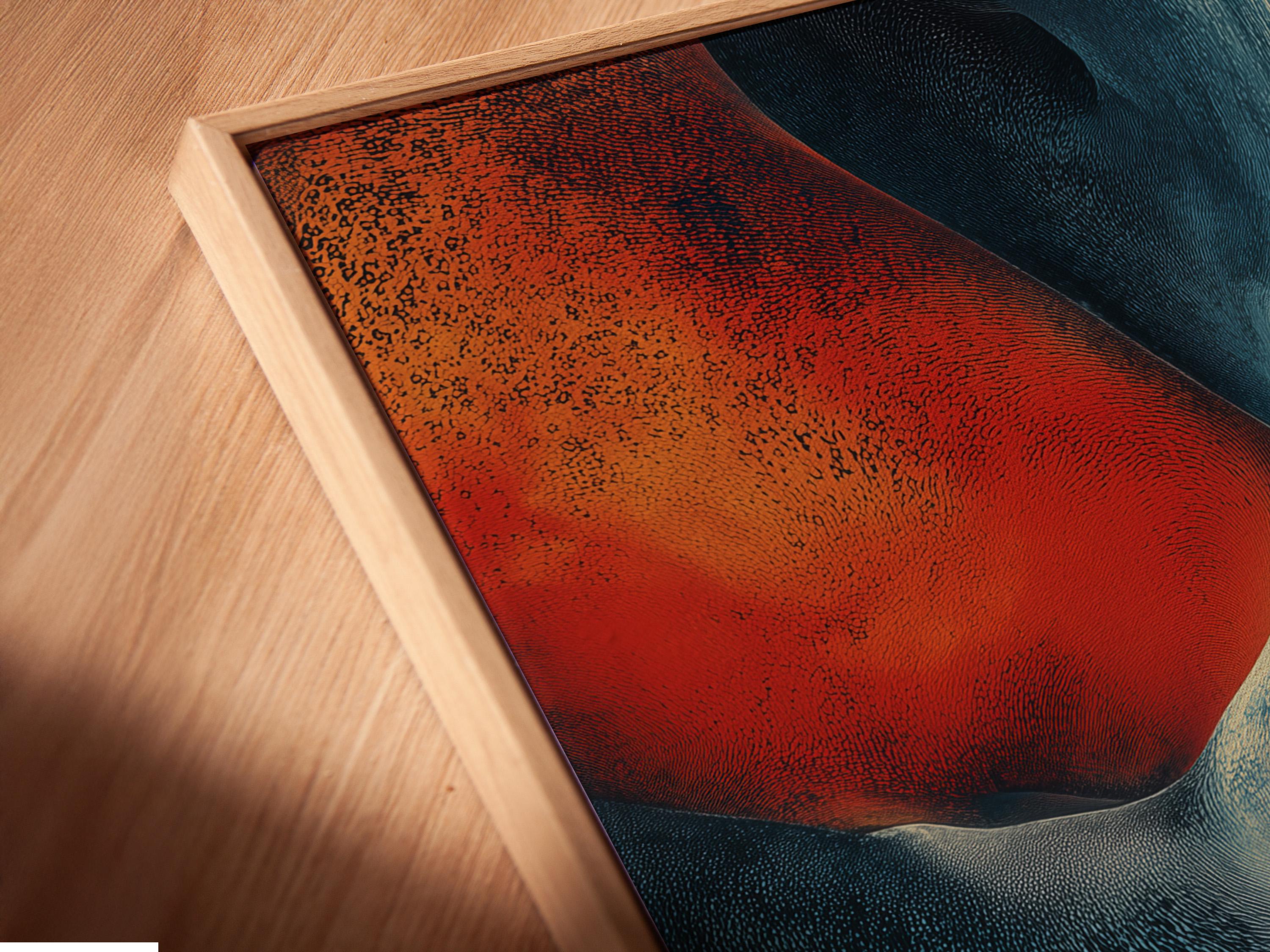 Abstract fluid artwork with terracotta and navy blue curved ribbons and pale cream highlights detail view