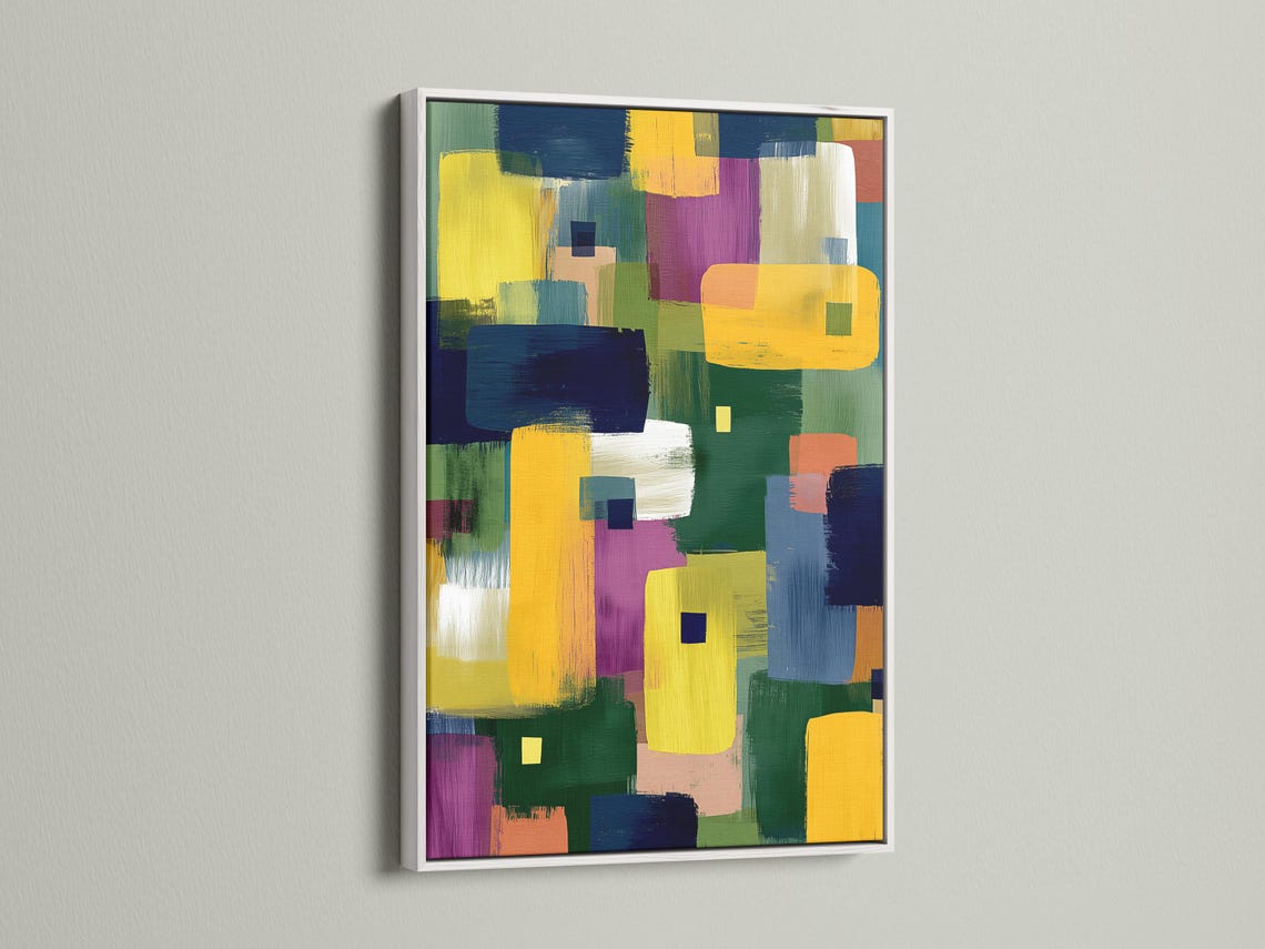 Geometric abstract artwork with overlapping blocks and squares in yellow, navy, green, and purple detail view