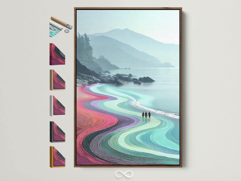 Colourful coastal seascape with turquoise ocean, winding dotted beach and misty hills