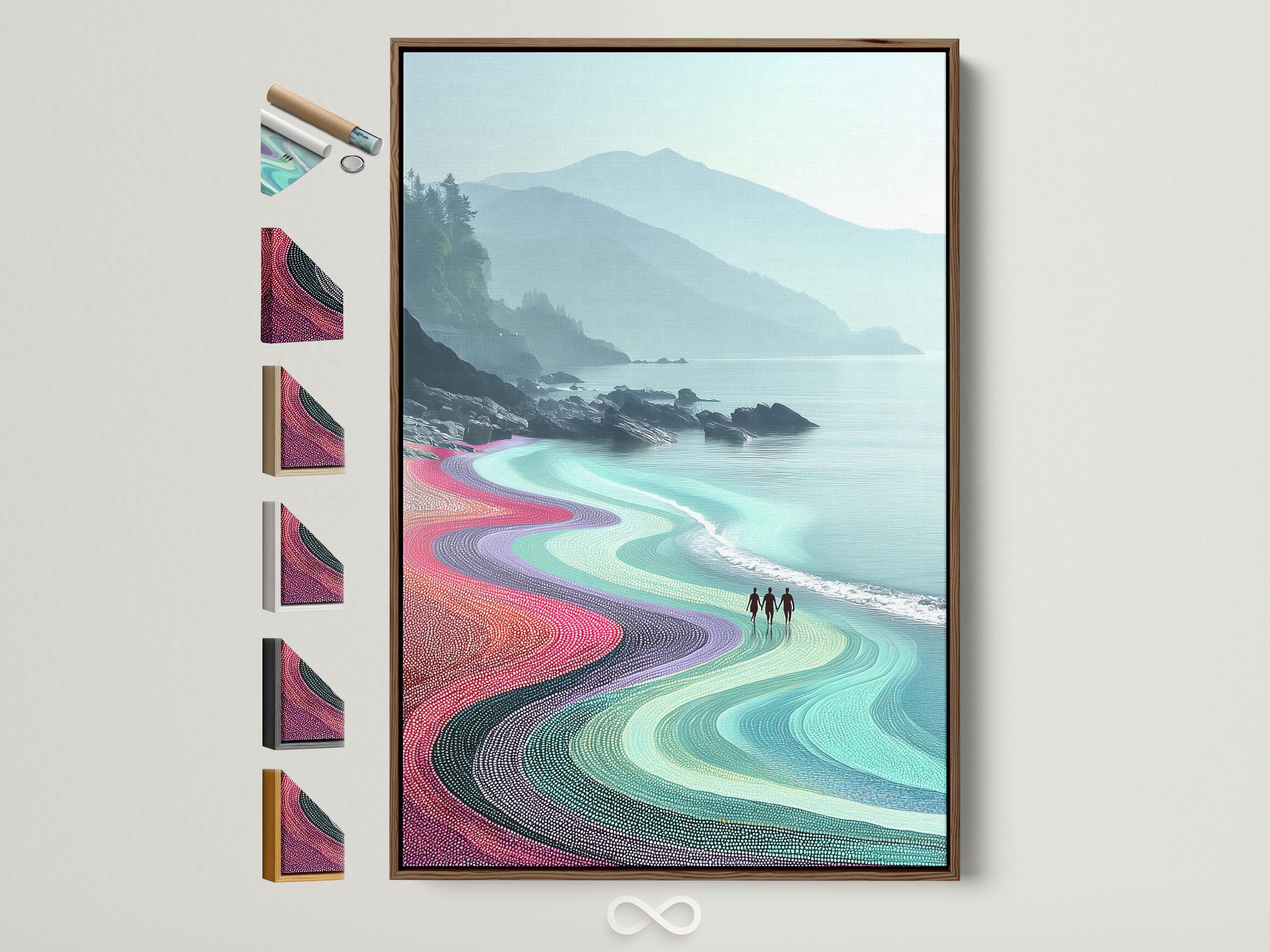 Colourful coastal seascape with turquoise ocean, winding dotted beach and misty hills