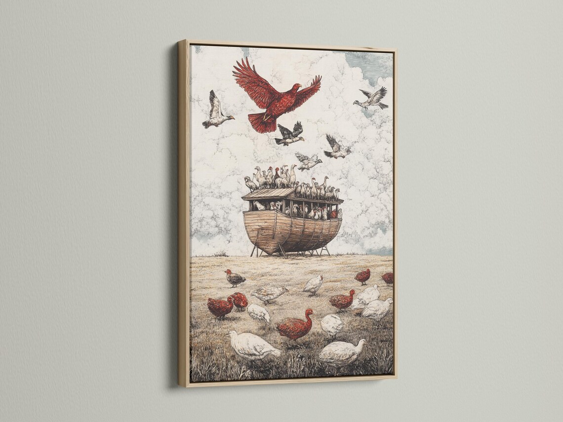 Vintage illustration of a red-feathered bird of prey flying above a wooden ark full of birds and grass detail view