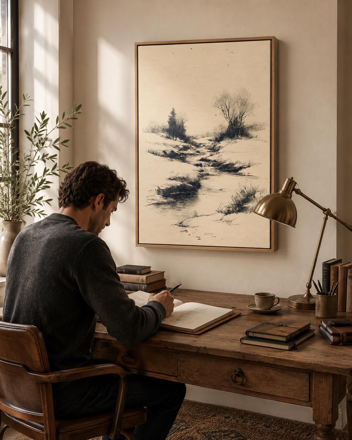 Woman holding a large framed beige river landscape sketch on a light wall in a bright room