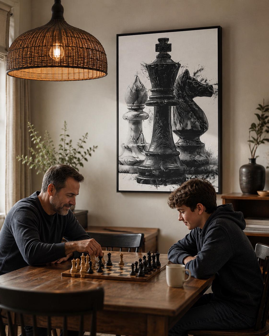 Monochrome chess artwork featuring a black king-like figure with distressed ink-splatter texture detail view