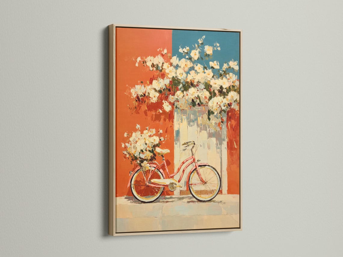 Vintage red bicycle with white blossoms on a coral and teal painterly background detail view