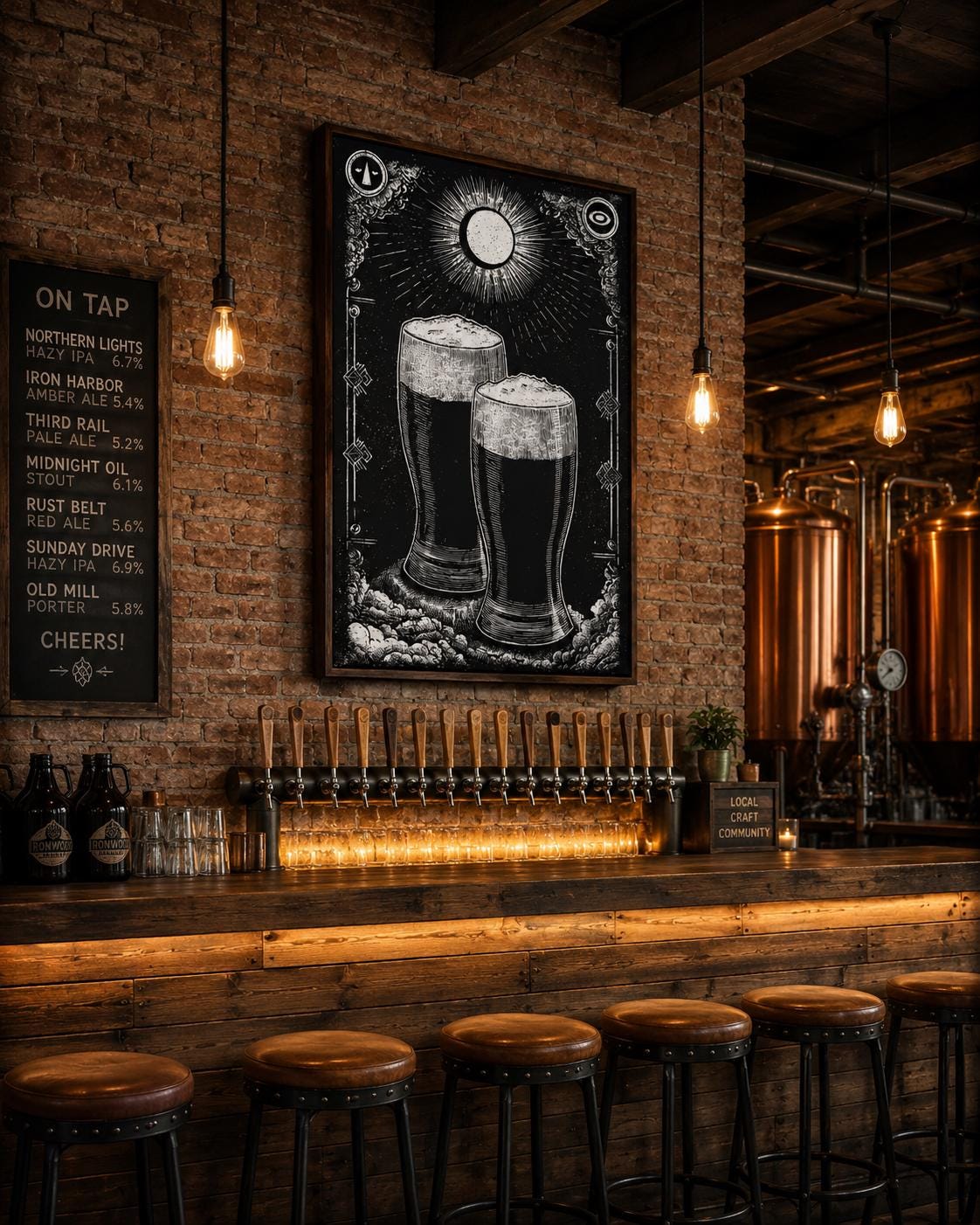 Person holding a framed black-and-white beer mug illustration in a workshop-style bar setting