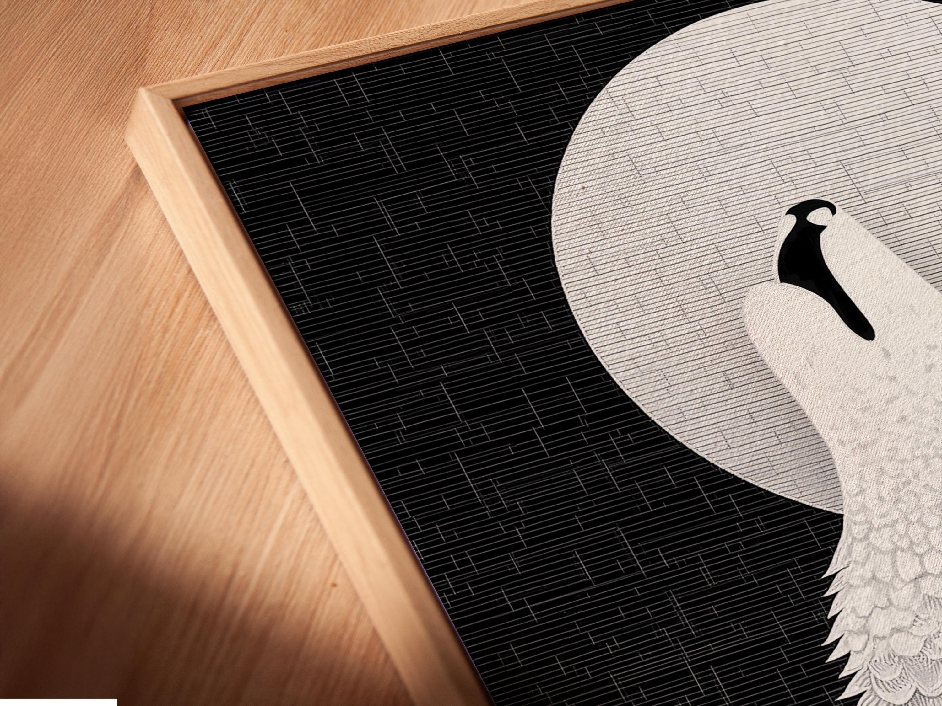 Room mockup showing framed wolf howling at moon artwork