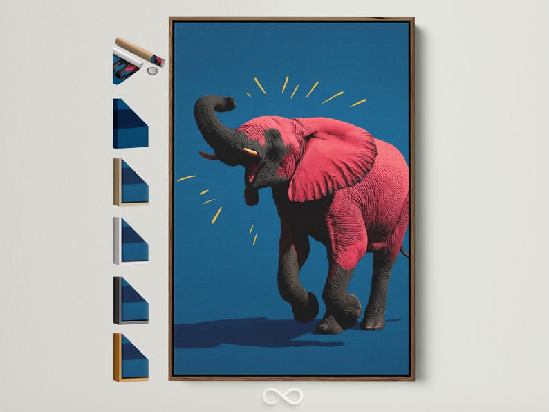 Stylised elephant with hot pink back and yellow spark dashes on a blue background