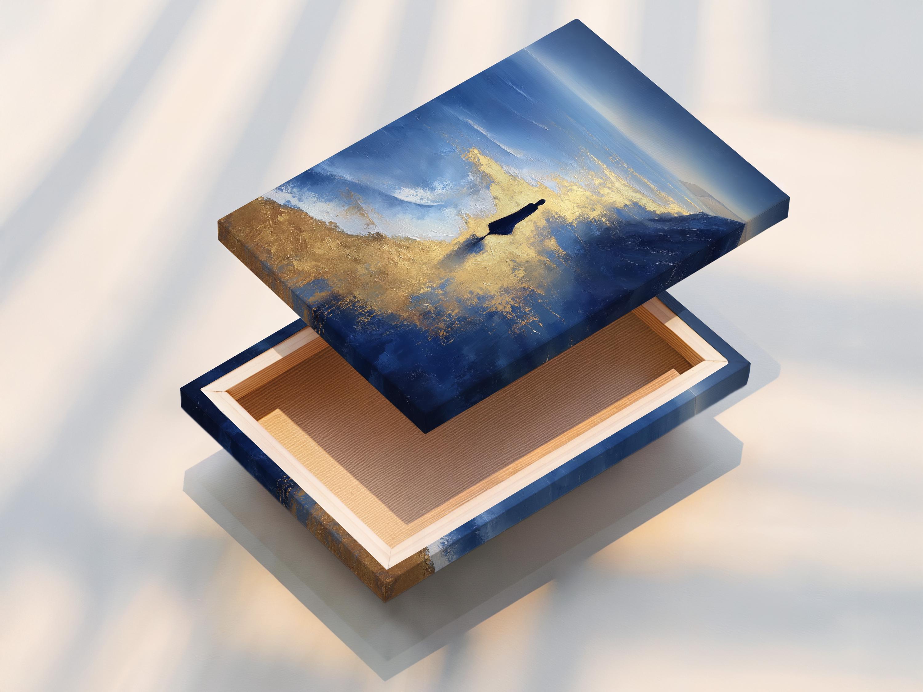 Painterly navy blue seascape with gold reflections and a dark human silhouette near the shoreline detail view