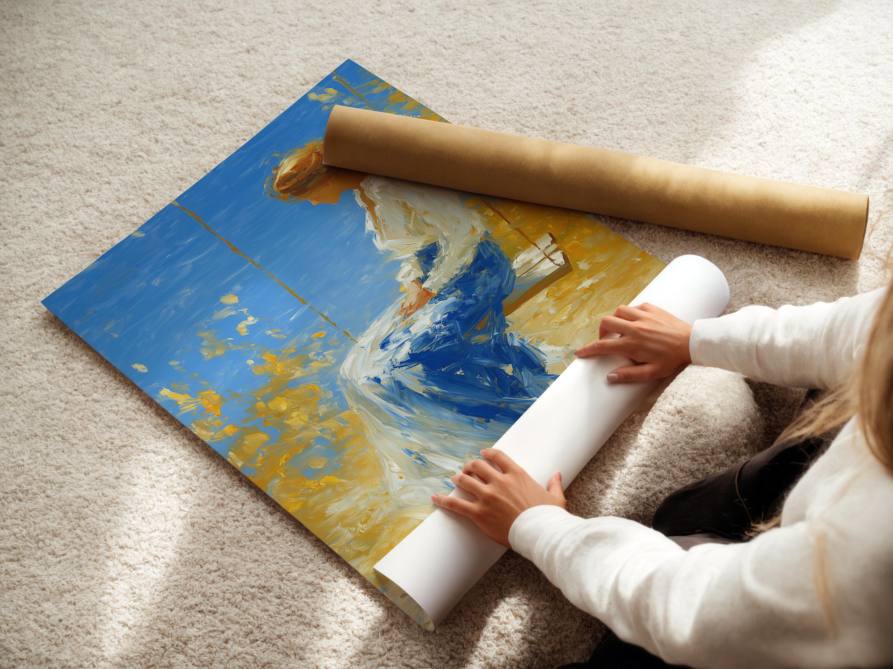 Painterly woman on a swing in blue and gold tones under a bright sky detail view