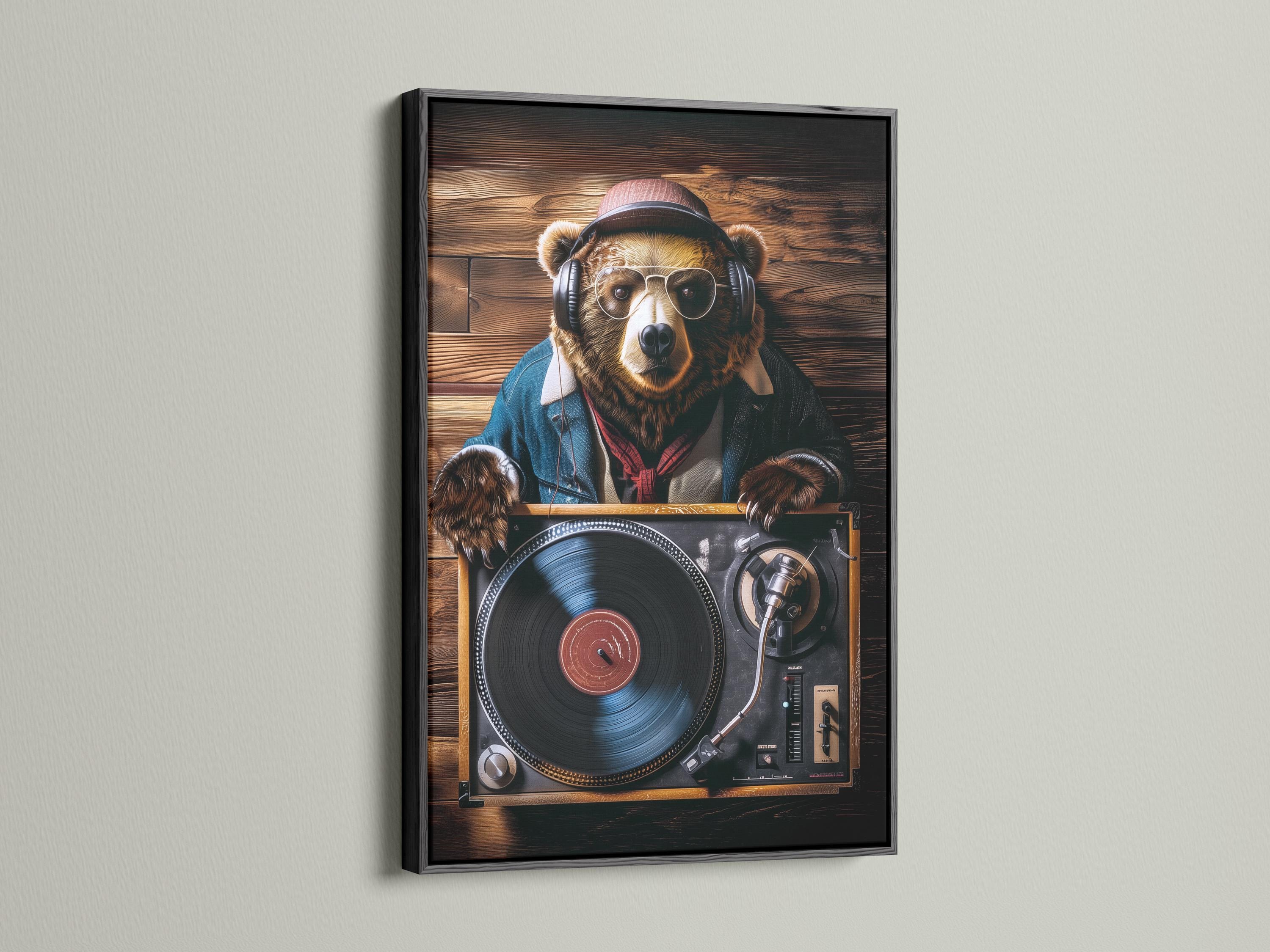 DJ bear wearing headphones and glasses behind a turntable with a vinyl record, set against dark wood planks detail view