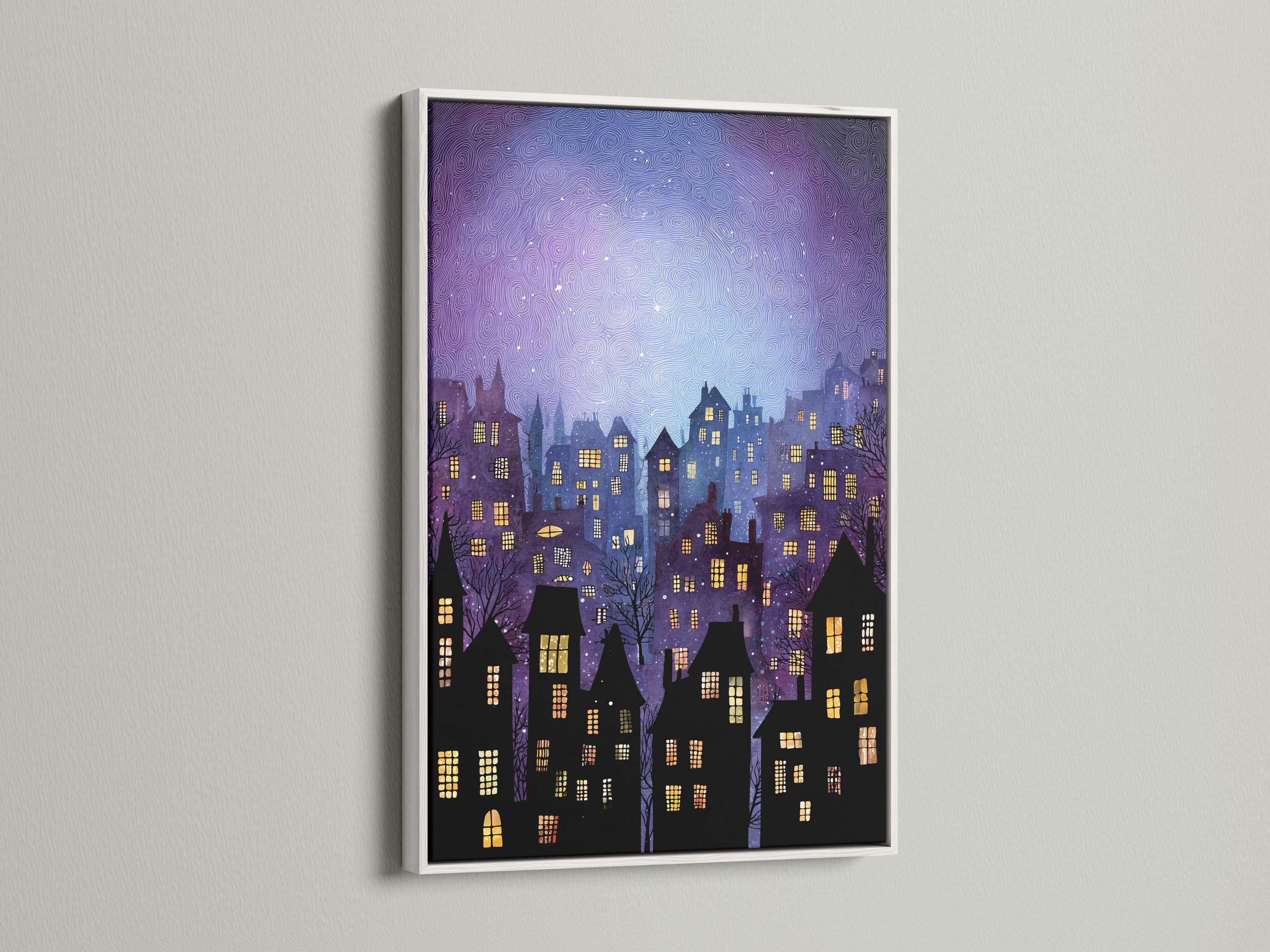 Night cityscape with purple sky, moon glow, black buildings and glowing yellow windows detail view